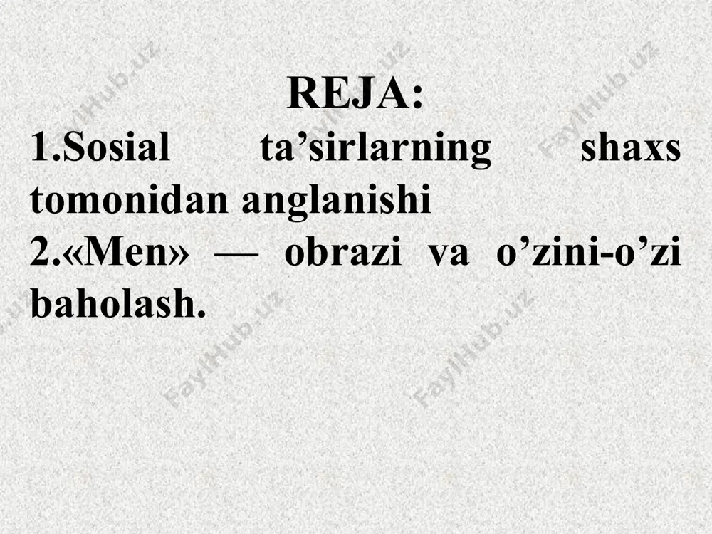 inson tabiati shundayki, u o’zidagi o’sha jamiyat normalariga to’g’ri kelmaydigan, no’maqul sifatlarni anglamaslikka, ularni «yashirishga» harakat qiladi, hattoki, bunday tasavvur va bilimlar ongsizlik sohasiga siqib chiqariladi (avstriyalik olim z. freyd nazariyasiga ko’ra). bu ataylab qilinadigan ish bo’lmay, u har bir shaxsdagi o’z shaxsiyatini o’ziga xos himoya qilish mexanizmidir. bunday himoya mexanizmi shaxsni ko’pincha turli xil yomon asoratlardan, hissiy kechinmalardan asraydi. lekin shuni alohida ta’kidlash lozimki, «men» — obrazining ijobiy yoki salbiyligida yana o’sha shaxsni o’rab turgan tashqi muhit, o’zgalar va ularning munosabati katta rol o’ynaydi. 5 odam o’zgalarga qarab, go’yoki oynada o’zini ko’rganday tasavvur qiladi. bu jarayon psixologiyada refleksiya deb ataladi. uning mohiyati — aynan o’ziga o’xshash odamlar obrazi orqali o’zi to’g’risidagi obrazni shakllantirish, jonlantirishdir. refleksiya «men» — obrazi egasining ongiga taalluqli jarayondir. masalan, ko’chada bir tanishingizni uchratib qoldingiz. siz tinmay unga o’z yutuqlaringiz va mashg’ulotlaringiz haqida gapirmoqdasiz. lekin gap bilan bo’lib, uning qayergadir shoshayotganligiga e’tibor bermadingiz. shu narsani siz …
