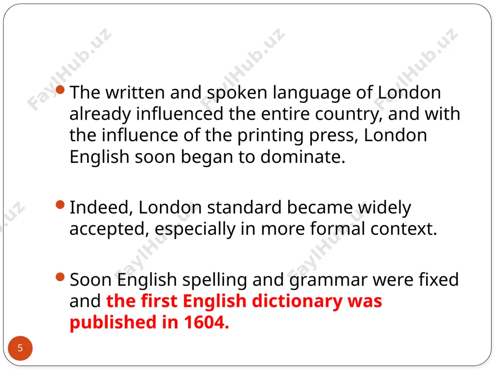 latin literature. the translators could not find sufficient words in english to express the deeper literary and philosophical concepts of the classical writers. 23 late-modern english (1800-present) the pronunciation, grammar, and spelling of late-modern english are essentially the same as early-modern english, but late-modern english has significantly more words due to several factors. 24 first, discoveries during the scientific and industrial revolutions created a need for a new vocabulary. scholars drew on latin and greek words to create new words such as “oxygen,” “nuclear,” and “protein.” 25 scientific and technological discoveries are still ongoing and neologisms continue to this day, especially in the field of electronics and computers. 26 just as the printing press revolutionized both spoken and written english, the new language of technology and the internet places english in a transition period between modern and postmodern. 27 second, the english language has always been a colonizing force. during …