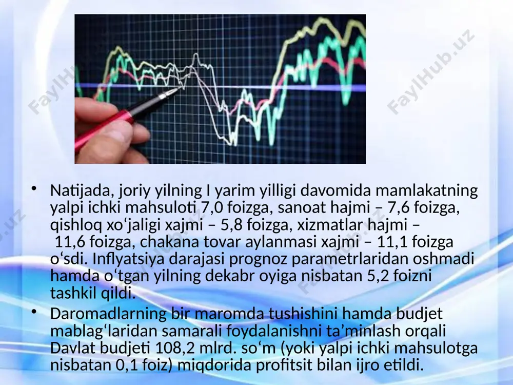 ag‘lardan samarali foydalanishda ma’suliyati va javobgarligini oshirish bo‘yicha 2017 yilning i yarim yilligida keng ko‘lamli ishlar amalga oshirildi. hisobot davrida mahalliy budjetlarning daromadlar qismi prognozga nisbatan 103,1 foizga bajarildi yoki 9 768,3 mlrd. so‘mni, xarajatlar qismi esa rejaga nisbatan 99,5 foizga ijro etilib, 10 743,6 mlrd. so‘mni tashkil etdi. shavkat mirziyoev: aholining real daromadlari 11 foizga oshdi 2017 yil 14 yanvar kuni vazirlar mahkamasining mamlakatimizni 2016 yildagi ijtimoiy-iqtisodiy rivojlantirish yakunlarini har tomonlama tahlil qilish hamda respublika hukumatining 2017 yil uchun iqtisodiy va ijtimoiy dasturi eng muhim yo`nalishlari va ustuvor vazifalarini belgilashga bag`ishlangan kengaytirilgan majlisi bo`lib o`tdi. majlis ishida oliy majlis qonunchilik palatasi va senati rahbarlari, o`zbekiston respublikasi prezidentining davlat maslahatchilari, hukumat a`zolari, xo`jalik birlashmalari, jamoatchilik tashkilotlari rahbarlari, shuningdek, qoraqalpog`iston respublikasi jo`qorg`i kengesi va vazirlar kengashi raislari, viloyat, shahar va tuman hokimlari qatnashdilar. birinchi bor viloyat, shahar va tumanlar markazlarida tashkil etilgan studiyalar bilan videokonferensiya aloqasi orqali hukumat majlisida mahalliy hokimiyat, …