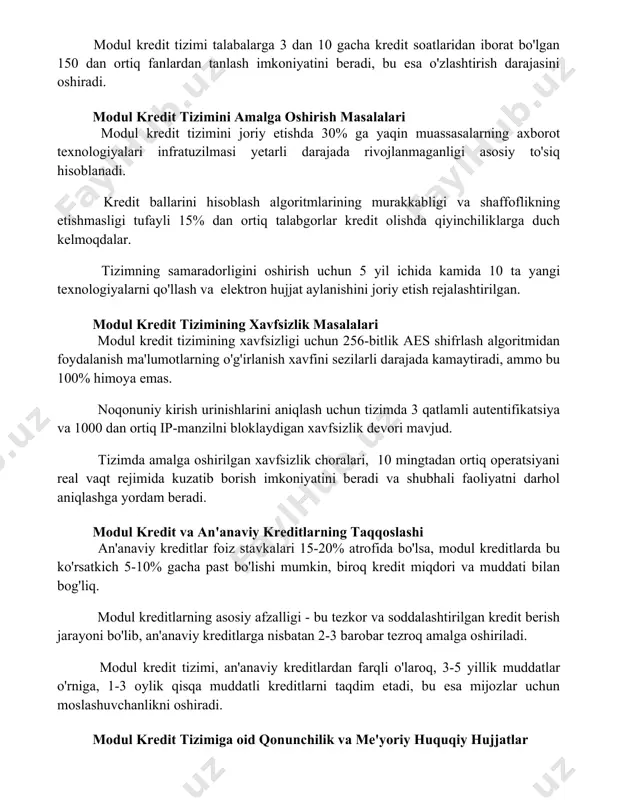 it tizimini amalga oshirish masalalari modul kredit tizimini joriy etishda 30% ga yaqin muassasalarning axborot texnologiyalari infratuzilmasi yetarli darajada rivojlanmaganligi asosiy to'siq hisoblanadi. kredit ballarini hisoblash algoritmlarining murakkabligi va shaffoflikning etishmasligi tufayli 15% dan ortiq talabgorlar kredit olishda qiyinchiliklarga duch kelmoqdalar. tizimning samaradorligini oshirish uchun 5 yil ichida kamida 10 ta yangi texnologiyalarni qo'llash va elektron hujjat aylanishini joriy etish rejalashtirilgan. modul kredit tizimining xavfsizlik masalalari modul kredit tizimining xavfsizligi uchun 256-bitlik aes shifrlash algoritmidan foydalanish ma'lumotlarning o'g'irlanish xavfini sezilarli darajada kamaytiradi, ammo bu 100% himoya emas. noqonuniy kirish urinishlarini aniqlash uchun tizimda 3 qatlamli autentifikatsiya va 1000 dan ortiq ip-manzilni bloklaydigan xavfsizlik devori mavjud. tizimda amalga oshirilgan xavfsizlik choralari, 10 mingtadan ortiq operatsiyani real vaqt rejimida kuzatib borish imkoniyatini beradi va shubhali faoliyatni darhol aniqlashga yordam beradi. modul kredit va an'anaviy kreditlarning taqqoslashi an'anaviy kreditlar foiz stavkalari 15-20% atrofida bo'lsa, modul kreditlarda bu ko'rsatkich 5-10% gacha past bo'lishi mumkin, …