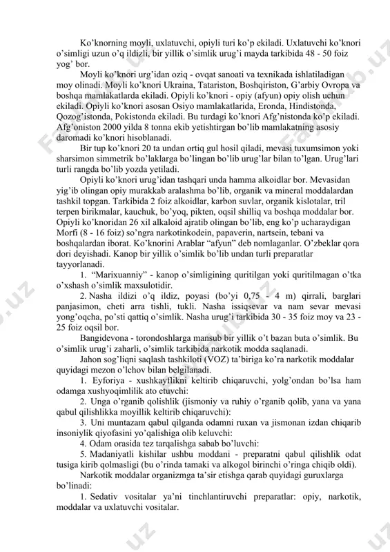 lar narkotik moddalar qora dori, marixuanna, gashishlar odam bolasini, insoniyatni, jamiyatni, oilani vayron qilishni ko’ra bilib turib ham ayrim kimsalar qonunbuzarlik, sharmandalik yo’llaridan qaytmay turib turli yashirin yo’llardan foydalanib ish ko’rmoqdalar. o’zbekistonda 1992 yildan to 1999 yilning boshlarigacha bo’lgan davr ichida 100 dan ziyot xolatlarda 30 tonnadan ortiq narkotik moddalar ushlab qolingan. yana bir ma’lumotga ko’ra, surxondaryo, tojikiston bojxonalarida tekshiruv olib borilganda ma’lum bo’ldiki, 1998 yilda 1000 kg, 1999 yilning yanvar oyining o’zida 800 kg narkotik moddalar ushlab qolingan. 1998 yilda surxondaryo viloyatida tekshuruvlar o’tkazish natijasida narko’tik moddalar bilan shug’ullanuvchi 365 kishi ushlanib, ulardan 90 kg qora dori qo’lga tushurilgan. o’zbekistonda giyohvandlik bilan kurashish uchun “sog’lom avlod uchun” dasturi ishlab chiqilgan. respublikada narkologik dispanserlar tashkil etilgan. har yili “qora dori” operatsiyasi o’tkaziladi. yaqinda toshkentda bmt narkomaniya programmasi yuzasidan vakolat xonasi ochildi. o’zbekistonda narkomaniyaning oldini olish haqida turli xil anjumanlar o’tkazilib turiladi. giyohvand moddalar ikki xil usulda olinadi: 1. turli o’simliklardan …