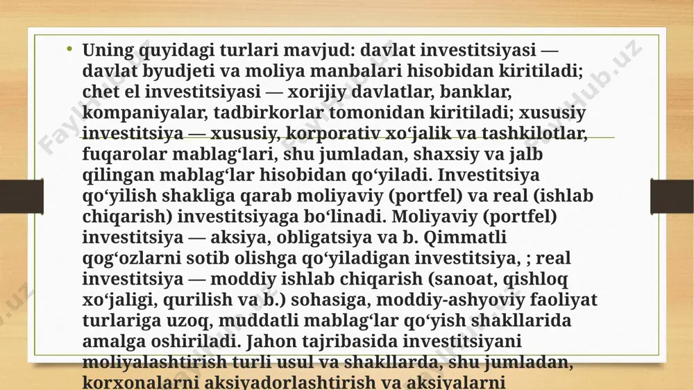 sh; intellektual mulkka, shu jumladan mualliflik huquqlari, patentlar, tovar belgilari, foydali modellar, sanoat namunalari, firma nomlari va nou-xauga, shuningdek ishchanlik nufuziga (gudvillga) huquqlar kiritish; konsessiyalar, shu jumladan tabiiy resurslarni qidirish, ishlab chiqish, qazib olish yoki ulardan foydalanishga bo‘lgan konsessiyalar olish; savdo va xizmat ko‘rsatish sohalari obyektlariga, turar joy binolariga ular joylashgan yer uchastkalari bilan birgalikda mulk huquqini, shuningdek yerga egalik qilish va undan foydalanish (shu jumladan ijara asosida foydalanish) hamda tabiiy resurslarga egalik qilish va ulardan foydalanish huquqlarini sotib olish orqali. shuningdek amaldagi qonun hujjatlariga zid bo‘lmagan boshqa shakllarda ham amalga oshirilishi mumkin. investitsiya kiritish shakl va jarayonlarini o‘zgartirish xorijiy investitsiyalar birinchi martta yoki takroran amalga oshirilayotgan shakllarni o‘zgartirish ularning investitsiya sifatidagi malakasini o‘zgartirishga olib kelmaydi. o‘zbekistonning erkin iqtisodiy zonalari: 2020 yil yakunlari va 2021 yilda rivojlanish istiqbollari hozirgi kunda o‘zbekiston respublikasida 21 ta erkin iqtisodiy zonalar (eiz) mavjud bo‘lib, ulardan 19 tasi sanoat, 1 tasi qishloq xo‘jaligi va 1 …