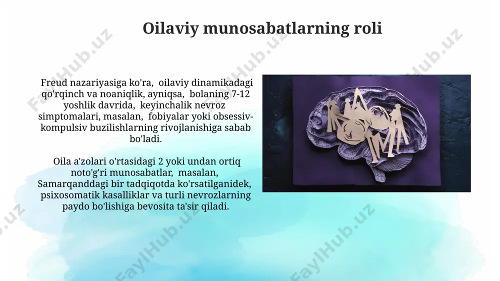 munosabatlari va insonning himoya mexanizmlari nevrozning turini belgilaydi, masalan, tokioda o'tkazilgan klinik kuzatuvlar shuni tasdiqlaydi. himoya mexanizmlari ratsionalizatsiya, freydning ta'kidlashicha, 1900-yillarning boshlarida vena shaxrida o'tkazilgan tadqiqotlar asosida, noqulay holatlarni mantiqsiz va qabul qilinadigan sabablar bilan izohlab, hissiy noqulaylikni kamaytirishga qaratilgan himoya mexanizmidir. repressiya mexanizmi, psixoanalitik nazariyaga ko'ra, 19-asr oxiri avstriya-vengriya imperiyasida rivojlangan bo'lib, ongsiz xayol va his-tuyg'ularni ongli ongdan chetlatishni o'z ichiga oladi. nevrozlarning turlari va ularning belgilari depressiv nevroz, 5-10% aholini qamrab olib, uyqu buzilishi, energiya yo'qolishi va qayg'u hissi kabi belgilar bilan ifodalanadi. davolashda psixoterapiya va ba'zi hollarda dori-darmonlar qo'llaniladi. fobiyalar, masalan, agorafobiya yoki ijtimoiy fobiya, dunyoning turli burchaklarida, jumladan, o'zbekistonning yirik shaharlarida keng tarqalgan bo'lib, 10 dan ortiq turli qo'rquv va qochish xatti-harakatlari bilan tavsiflanadi. transfer va kontrapas transfer, psixanalitik terapiyada 20-asrning boshlarida vena shahrida rivojlangan muhim tushuncha boʻlib, bemorning terapevtga oʻtgan munosabatlarini, ayniqsa, bolalikdagi muhim shaxslar bilan boʻlgan munosabatlarining takrorlanishini aks ettiradi. transfer va kontrapasning oʻzaro …