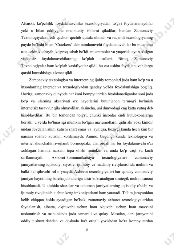 bolalarga salbiy ta'sir qilishi mumkin. ammo, internet ko‘plab foydali jihatlari bilan bir qatorda salbiy oqibatlarini ham namoyon qilmoqda. aholida, ayniqsa, yoshlarda axborot iste’moli madaniyatining pastligi, turli xabarlar oqimidan kerakligini ajratib olishda bilim, malaka va ko‘nikmaning yetishmasligi ba’zilarning g‘arazli kimsa va oqimlar ta’siriga tushib qolishlariga, internet qaramligi kasalligiga yo‘liqishlariga sabab bo‘lmoqda. texnologiya eng rivojlangan davlatlardan bo'lmish xitoy xalq respublikasida internetga qaramlik kasallik sifatida e’tirof etilganligi va uni davolovchi maxsus shifoxonalar tashkil etilganligi buning yorqin isboti bo'la oladi. yoshlarning juda ko'pchiligining internetga qaramligi butunjahon dunyoda global muammo bo'lib ulgurgan. bu esa butunjahon dunyo kelajagi uchun fojea, chunki internetga qaram bo'lgan inson o'z qobig'iga o'ralashib qoladi va atrof olamdan bexabar qoladi, virtual-internet olami ularni mas'uliyatsiz, dangasa va loqayd qilib qo'yishidan tashqari sog'lig'iga va ruhiyatiga ham anchagina zarari bor. agar insonlar, ayniqsa, yoshlar zamonaviy kompyuter o‘yinlariga haddan tashqari berilib ketgan bo‘lsa, ularni o‘ynayotganda u qahramonlar roliga kirishib ketadi, haqiqiy vaqt va hayot tushunchasini yo‘qotadi. …