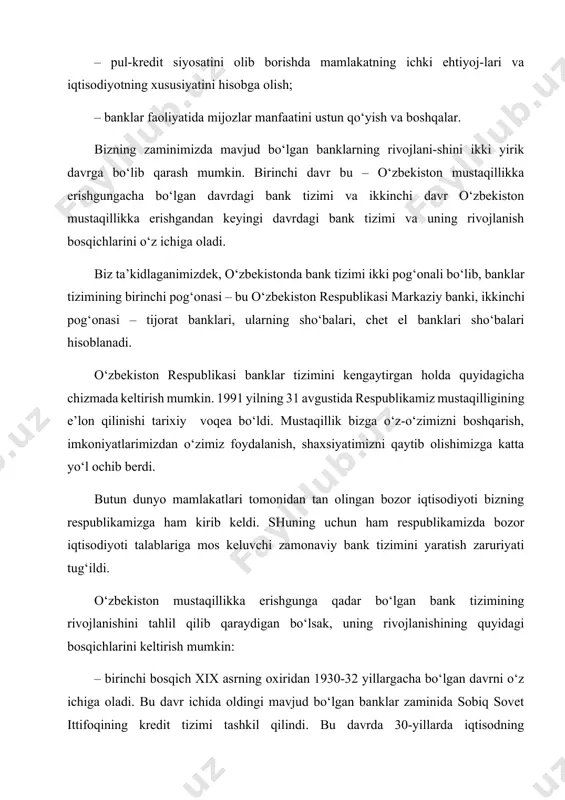 ichiga olgan. bu davrda bank tizimida katta o‘zgarishlap ro‘y berdi va davlat banki bilan bir qatorda maxsus tarmoq banklari tashkil qilindi. bu banklar jumlasiga, sanoat qurilish banki, agrosanoat banki, uy-joy qurilish va ijtimoiy ta’minot banki, jamg‘arma bank va tashqi iqtisodiy faoliyat banki kabilar kiradi. bu banklar faoliyatining xususiyatli tomoni shunda ediki, ular o‘zi xizmat ko‘rsatadi-gan sohaga uzoq va qisqa muddatli kreditlar berish huquqiga ega edilar. shu davrdan boshlab davlat bankidan kreditlash funksiyasi olib tashlandi va u emission bank sifatida faoliyat ko‘rsatadigan bo‘ldi. 90-yillarda bank tizimini qayta tashkil qilishdan asosiy maqsad mamlakatda yuz berayotgan asosiy o‘zgarishlarni hisobga olgan holda banklar zimmasiga korxonalar va tashkilotlarga kompleks xizmat ko‘rsatishni ta’minlash va korxonalar bilan banklar o‘rtasidagi munosabatlarni xo‘jalik hisobiga o‘tkazish, quyi bank muassasalari-ning huquq va majburiyatlarini oshirishdan iborat edi. mustaqillikka erishgunga qadar o‘zbekiston hududidagi bank muassasalari sssr bank tizimi tarkibiy qismiga kirar edi. shu bilan birga bu banklar sobiq «ittifoq» bank tizimi doirasidan tashqarida …