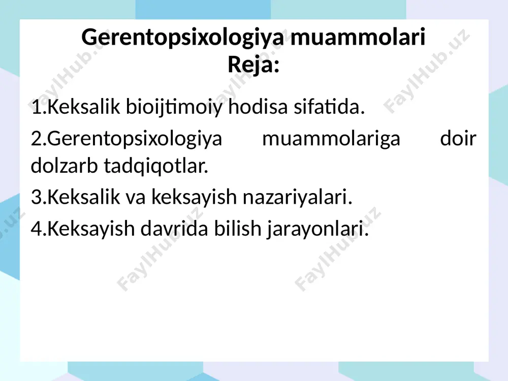 rflayotganini his qilishadi. fozard (1990) yilning tadqiqotlaridan ma lum bo’lishicha, bu yoshdagi insonlarda eshitishning susayishi qariyalarning uchdan bir qismida, ko’roq erkaklarda kuzatiladi. bu yoshdagi insonlarning ko’pchiligida ko’rishning turlicha buzilishlari kuzatilishi mumkin. ko’z gavhari elaktikligining yo’qotilishi hisobiga predmetlarga nazar tashlash gobiliyati ning susayishini payqash mumkin. ko’z gavhari strukturasining o’garishi aniq ko’rmaslikka, keyinchalik kataraktaga olib kelishi mumkin. qariyalardagi orgarishlardan biri sifatida ko’rish o’tkirligining susayishida, mayda detallarni farqlashning qiyinchiligida namoyon boladi. bunday o’zgarishlar bifocal va trifokal koʻzoynaklar bilan toldirilishi mumkin. ijtimoiy hodisa sifatida keksalik nafaqaga chiqish, ijtimoy statusning o’rgarishi, muhim ijtimoiy rollarning yo’qolishi bilan bog’lanadi. psixologik darajada bu ro’y bergan o’zgarishlarni anglash va unga muvaffaqqiyati moslashishdan borat. qarish jarayoni insonning nerv sistemasiga ham ta'sir qiladi. dastlab uning sezgirligi kamayadi, tashqi ta’sirlarga-organizmning sekin reaksiya bildirishi, turli sezgi organlari sezgirligining pasayishi kuzatiladi. qarilik darida ko’pchilik insonlar u yoki bu ma lumotni olish uchun ko’proq vaqtt sarflayotganini his qilishadi. fozard (1990) yilning tadqiqotlaridan ma lum bo’lishicha, …