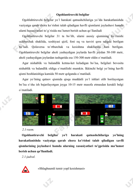 ar kesishuvi» 1.7 «aylanma harakatlanish bilan kesishuv» 1.8 «svetofor tartibga soladi» harakat svetofor orqali tartibga solingan chorraha, piyodalar optish joyi yoki yopl qismi. 1.9 «koptarma kopprik» koptarma kopprik yoki solda kesib optish. 1.10 «sohilga chiqish» daryo oyki suv havzasi qirgpogpiga chiqish. 1.11.1 «xavfli burilish» yoplning kichik radiusli yoki koprinish cheklangan burilish joyi: 1.11.1 - opnga, 1.11.2 - chapga. 1.11.2 1.12.1 «xavfli burilishlar» yoplning havfli burilishlari boplgan qismi. 1.12.1 - birinchi burilish opnga, 1.12.2 - birinchi burilish chapga. 1.12.2 1.13 «tik nishablik» 1.14 «tik balandlik» 1.15 «sirpanchiq yopl» yoplning opta sirpanchiq boplgan qismi. 1.16 «notekis yopl» qatnov qismi notekis boplgan yopl (opnqir-chopnqir, opydim-chuqur joylar, kopprikning yoplga notekis tutashuvi va shu kabilar). 1.17 «tosh otilish xavfi» mukammal qoplamali yopl qismida transport vositasi gpildiragi ostidan shagpal, tosh va shunga opxshashlarning otilib chiqish ehtimoli. 1.18.1 «yoplning torayishi» 1.18.1 - ikki tomonlama torayish; 1.18.2 - opnga torayish va 1.18.3 - chapga torayish. 1.18.2 1.18.3 1.19 …