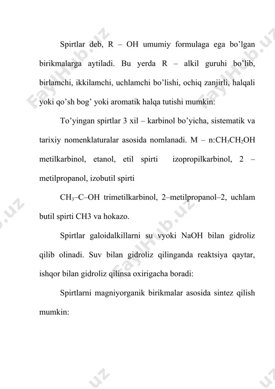 ib, oddiy efir hosil bo’ladi: dietil efir metallorganik sintezlarda va tibbiyotda keng qo’llaniladi. diizopropil efir iva metil – uchlamchi – butil efirlari benzinning sifatini oshirishda antidetanator sifatida ishlatiladi. glikollar alkanlarning turli uglerod atomlari bilan bog‘langan ikkita gidroksil guruhi bor hosilalaridir. ularning umumiy formulasi cnh2n(oh)2. gidroksil guruhlari bitta uglerod atomi bilan bog‘langan ikki atomli spirtlar (gem-diollar) erkin holatda beqaror bo‘lib, suvni oson ajratadi, ya’ni degidratlanadi: glikollar ratsional va sistematik nomenklaturalarga binoan nomlanadi: etilenglikol (r), propilenglikol (r) etandiol-1,2 (s) propandiol-1,2 (s). oh – guruhlari zanjir chetida joylashgan glikollar quyidagicha nomlanadi: glikollarning tuzilish izomeriyasi uglerod skeletining tuzilishi va gidroksil guruhlarining zanjirdagi holatiga bog‘liq. masalan, c4h8(oh)2 tarkibli glikolning 6ta tuzilish izomeri (1,2- 1,3-, 1,4-, va 2,3- butan diollar, 3-metil-1,2-propan diol va 2-metil-1,3-propandiol) bor. ularning tuzilish formulalarini o‘zingiz yozing. glikollarning muhim vakili – etilenglikol sanoatda etilen oksidini neytral muhitda 200oc harorat va 12 atm bosimda gidrolizlash yoki sulfat kislotaning suvdagi 0,5%li eritmasi bilan 70oc harorat …