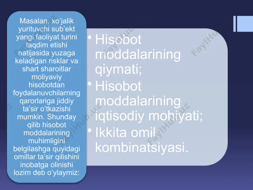 an xulosa turini noto’g’ri belgilashi. to’g’ri (multiplikativ) modelda auditor professional mulohazasi asosida auditorlik riski komponentlarini baholab, umumiy auditorlik riskini aniqlaydi. uar=ixr*nr*ar(1) uar-umumiy auditorlik riski; ixr-ichki xo’jalik riski; ar-aniqlanmaslik riski. auditorlik riskini baholashning jarayonli yondashuvi auditorlik tekshiruvidan o’tayotgan sub’ektning biznes-jarayonlarini o’rganish asosida amalga oshiriladi (tahlil yo’nalish ijarayonlardan-hisobotga qarab). yuqoridagi yondashuvlardan qay birini tanlash auditorni o’zi mustaqil belgilaydi. lekin bu ikkita yondashuv turli mehnat sarfini talab etadi, ya’ni jarayonli yondashuv ko’p mehnat sarfini talab etganligi bois moddalar bo’yicha yondashuvdan keng foydalaniladi. xulosa o’rnida shuni ta’kidlashimiz mumkinki, auditor butun faoliyatini moliyaviy hisobotning etarli ishonchliligini ta’minlash bilan bir qatorda auditorlik riskini maqbul chegaragacha pasaytirishga qaratadi. e’tiboringiz uchun rahmat! /docprops/thumbnail.jpeg