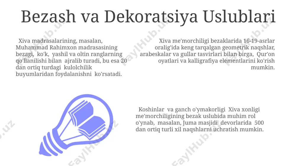 oblanadi. kalta minor minorasi, 60 metr balandlikdagi yarim tugallanmagan inshooti bilan, xiva me'morchiligining ulug'vorligi va 19-asr oxiridagi ishlab chiqarish texnologiyalari haqidagi tasavvurlarni aks ettiradi. xiva xonligining qal'a arxitekturasi xiva qal’asining devorlari 10-18 metr balandlikda qurilgan bo'lib, 22 ta burj va 4 ta darvoza shaharni tashqi tahdidlardan ishonchli himoya qilgan. ichan-qal’a ichidagi madrasalar, masalan, muhammad rahimxon madrasasi kabi, o'ziga xos peshtoqlari va koshinkor bezaklari bilan 19-asr o'zbek me'morchiligining yorqin namunasi hisoblanadi. xiva xonligidagi qal’a arxitekturasida 11-19-asrlar oralig'ida qurilgan juma masjidi 213 ta ustun va murakkab geometrik naqshlarga ega bo'lgan gumbazlari bilan ajralib turadi. xiva xonligining mashhur inshootlari xiva shahridagi kalta minor minora, 29 metr balandligi bilan, o'zining nomutanosib balandligi va ko'rkam koshin bezaklari bilan mashhur bo'lib, 1851-yilda qurilish ishlari to'xtatilganligiga qaramay, shahar siluetining ajralmas qismidir. ichan-qal'a ichidagi 40 dan ortiq madrasalar, masjillar va qarorgohlar, o'zining murakkab shahar rejalashtirish tizimi va o'rta asrlar o'zbek me'morchiligining ajoyib namunasidir, uning devorlari ichida 1000 dan …