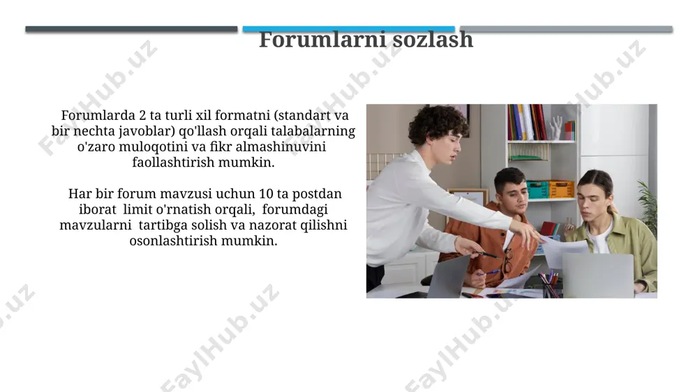 odle'da 5 balldan iborat baholash mezonlariga ega amaliy topshiriq yaratish va uni muddatini 2 haftaga belgilash, shuningdek, talabalarga topshiriqni yuklash uchun 10 mb hajmdagi fayllarni jo'natish imkoniyatini berish mumkin. amaliyotlar uchun rubrika yaratishda, aniq mezonlar (masalan, mazmun – 30%, tuzilish – 30%, grammatika – 40%) va ularga mos keladigan ballarni belgilash muhim, bu talabalarga aniq ko'rsatmalar beradi. xabarlarni yuborish xabarlarni yuborishda moodle 2 dan ortiq foydalanuvchiga, 1000 belgidan oshmaydigan matnli xabarlar yuborish mumkin, bu esa vaqtni tejashga yordam beradi va ommaviy e'lonlar uchun qulaydir. xabarlarni yuborishdan oldin, maqsadli auditoriyani aniqlash va xabarning mazmunini 5 ta asosiy fikr atrofida tuzish kerak, bu xabarning aniq va tushunarli bo'lishini ta'minlaydi. ish jadvalini yaratish ish jadvalini yaratishda moodle'ning o'rnatilgan "kalendar" funksiyasidan foydalanib, 10 ta vazifani qo'shishingiz va har birining muddatini aniq belgilashingiz mumkin, shuningdek, talabalarga eslatmalar yuborishni sozlashingiz mumkin. har bir mavzu bo'yicha kamida 3 ta ishni o'z ichiga olgan, haftalik yoki ikki haftalik …