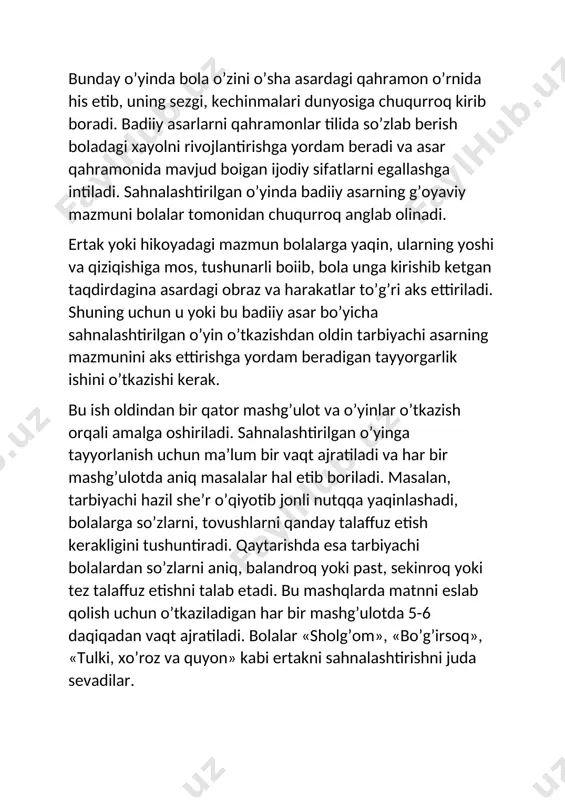 agi talabga rioya qilish kerak: ertak, hikoya yoki she’rda qatnashuvchilar ko’p bo’lishi kerak. asarda mazmun yaxshi bo’lib qolmasdan, harakatlarning xili ham ko’p bo’lishi kerak. asar ifodali o’qishga mos kelishi shart. mazmuni qiziqarli bo’lishi kerak. asar bolalarning yoshiga mos kelishi kerak. 2-bosqich. sahnalashtirish uchun tanlangan hikoya, she’r yoki ertakning mazmunini o’qib berish yoki qo’g’irchoq, soya teatrida ko’rsatish orqali tanishtiriladi. 3-bosqich. eslab qolish. asarni bolalar eslab qolishlari uchun uni qayta o’qib berish, postanovka ko’rsatish, rasmlar namoyish etish, didaktik o’yinlardan foydalaniladi. 4-bosqich. o’yin qiziqarli o’tishi va uzoq davom etishi uchun o’yinga kerakli materiallar, kiyimlar tayyorlab berish va shu bilan birga to’g’ri rahbarlik qilish kerak. bu ishni tarbiyachi bajaradi, katta guruhda esa tarbiyachi yordamida u bilan birgalikda bolalar bajarishadi. tarbiyachi bir qancha ertakka doir rasmlar ko’rsatadi. guruhda shu yoshli bolalarga xos bo’lgan ertaklar, hikoyalar ularga tanish bo’lib qolgandan keyingina sahnalashtirish boshlanadi. «sholg’om», «bo’g’irsoq» kabi ertaklar sahnalashtiriladi. tayyorlov guruhida bu ish davom ettiriladi. sahnalashtirish uchun …