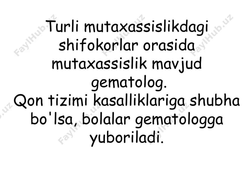 mo, agar birinchi holatda ular doimiy ravishda, deyarli butun hayoti davomida davom etsa, unda tpp bilan og'rigan bemorlarda ular to'satdan paydo bo'ladi va yanada aniqroq bo'ladi. gemorragik vaskulit vu mikrotomirlar devorlarining aseptik yallig'lanishiga, teri va ichki organlarning tomirlariga (ko'pincha buyraklar va ichaklar) ta'sir qiluvchi ko'plab mikrotrombozlarga asoslangan. gemorragik uchunvaskulitshuningdek, qo'l va oyoqlarning kichik bo'g'imlarining og'rig'i va shishishi, qorindagi og'riqlar bilan tavsiflanadi. ba'zida siydikda qon bo'lishi mumkin. gemofiliya gemorragik diatezlar guruhida gemofiliya alohida o'rin tutadi. kasallik viii yoki ix omillarning etishmasligi tufayli qon ivishining tug'ma, irsiy buzilishiga asoslanadi. shunga ko'ra, gemofiliya a va b. gemofiliyada merosxo'rlikning o'ziga xos xususiyati shundaki, kasallik jinsiy aloqa bilan bog'liq. gemofiliya uzoq davom etadigan, qiyin to'xtaydigan qon ketishlar, bo'g'imlarda qon ketishlar, teri osti va mushak ichiga katta qon ketishlar - gematomalar bilan tavsiflanadi, keyinchalik ular uzoq vaqt davomida o'tib ketadi. kasallikning dastlabki belgilari hayotning birinchi yilida, tishlari chiqqanda yoki bola yurishni boshlaganda, ko'pincha ko'karishlar va yiqilishlarda …