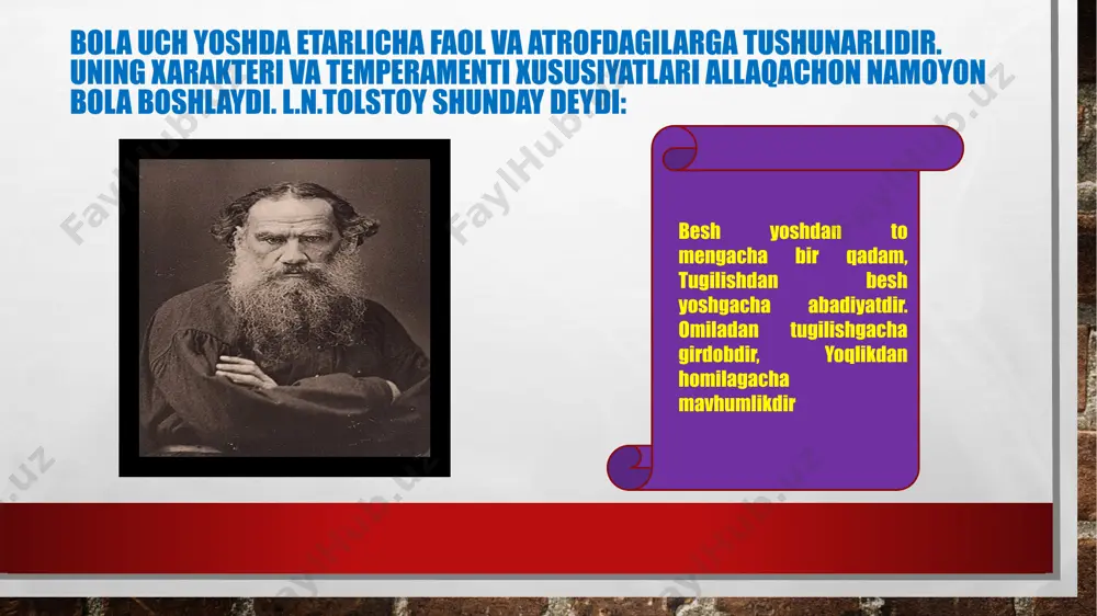 a ajratishin aytish mumkin. mazkur psixolog holatni n.l.figurin va m.p. denisovalar “jonlanish” deb ataganlar. bu davrda, bolaning psixik dunyosida tetiklik, his-tuyg’usida esa atrof-muhitdan ta’sirlanisho’z aksini topadi. ularning fikricha, bolaning katta yoshdagi odamlarga o’z munosabatini bildirishi uning bundan keyingi o’sishini belgilovchi bosqich vazifasini o’taydi. psixolog e.k.kaverina bolaning tashqi ta’siriga javob bildirishini tadqiq qilib, unda odamning va jismlarga munosabat bir xilligini ta’kidlaydi. uning fikricha, insonning aft-angoriga qarab ijobiy his-tuyg’ular uyg’onishi keyinchalik vujudga keladi. ta’sirga berilish va ta’sirlanishning mazkur shakli bola bilan kattalar o’rtasidagi aloqaning boshlang’ich ko’rinishi hisoblanadi. shaxslararo aloqaning bu shakli chaqaloqlik davrining tugashi va ilk bolalikning boshlanishidan dalolat beradi. xulosa ayniqsa fonematik eshitish jadal rivojlanadi. odatda, ikkinchi yil songida bolalar ona tilining barcha tovushlarini qabul qiladi. biroq fonematik eshitishning mukammallashishi keyingi yillarda ham roy beradi. fikrlash rivoji uchun vositali harakatlar juda muhim. vosita bolaning predmet dunyosiga tasir qilishiga xizmat qiladi. bola eng katta tajribani kattalar bilan nutqiy muloqot natijasida qabul qiladi. …