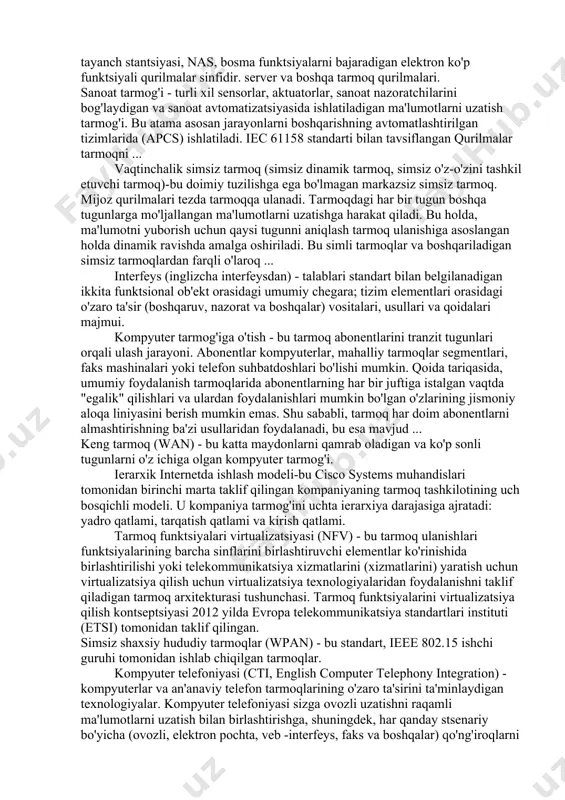 kompyuter tarmog'iga o'tish - bu tarmoq abonentlarini tranzit tugunlari orqali ulash jarayoni. abonentlar kompyuterlar, mahalliy tarmoqlar segmentlari, faks mashinalari yoki telefon suhbatdoshlari bo'lishi mumkin. qoida tariqasida, umumiy foydalanish tarmoqlarida abonentlarning har bir juftiga istalgan vaqtda "egalik" qilishlari va ulardan foydalanishlari mumkin bo'lgan o'zlarining jismoniy aloqa liniyasini berish mumkin emas. shu sababli, tarmoq har doim abonentlarni almashtirishning ba'zi usullaridan foydalanadi, bu esa mavjud ... keng tarmoq (wan) - bu katta maydonlarni qamrab oladigan va ko'p sonli tugunlarni o'z ichiga olgan kompyuter tarmog'i. ierarxik internetda ishlash modeli-bu cisco systems muhandislari tomonidan birinchi marta taklif qilingan kompaniyaning tarmoq tashkilotining uch bosqichli modeli. u kompaniya tarmog'ini uchta ierarxiya darajasiga ajratadi: yadro qatlami, tarqatish qatlami va kirish qatlami. tarmoq funktsiyalari virtualizatsiyasi (nfv) - bu tarmoq ulanishlari funktsiyalarining barcha sinflarini birlashtiruvchi elementlar ko'rinishida birlashtirilishi yoki telekommunikatsiya xizmatlarini (xizmatlarini) yaratish uchun virtualizatsiya qilish uchun virtualizatsiya texnologiyalaridan foydalanishni taklif qiladigan tarmoq arxitekturasi tushunchasi. tarmoq funktsiyalarini virtualizatsiya qilish kontseptsiyasi …