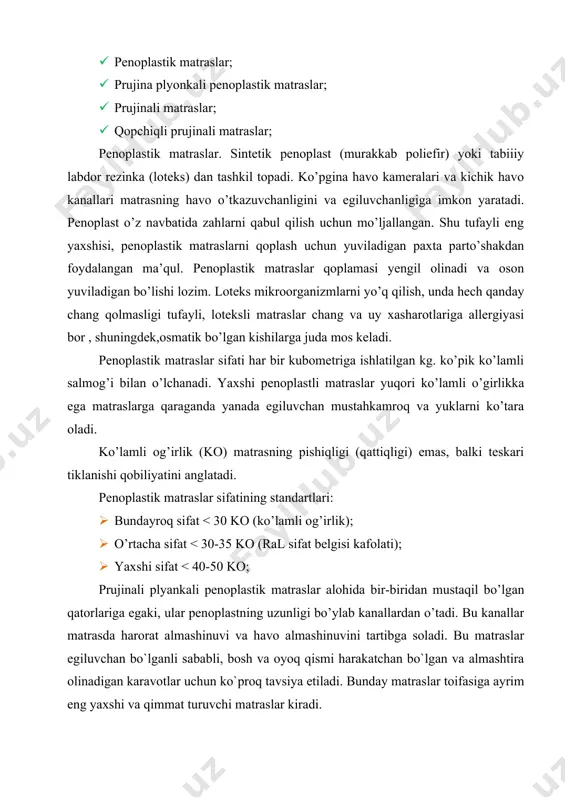 ak. agar stolda ovqat qolgan bo’lsa, idishni ofitsantga berish, mehmonxonaga tegishlisini yaxshilab yuvish, uni yumshoq latta bilan artish, shkafga yoki servantga joylashtirish lozim. ikki xona nomerda avvalo, yotoqxona, so’ngra mehmonxona va sanuzel tozalanadi. stolning yuzasi ko`pgina mehmonxonalarda plastik bilanqoplangan bo`lib, uni avvalo ho`llangan, so`ng quruq latta bilan artish kerak. agar stol polirovka qilingan bo`lsa uni yumshoq latta bilan artiladi. so`ngra xodima karavotni yig’ishtiradi. bu yerda turli yig’ishtirish usullari bor. biroq shunday izchillikkarioya qilish - yostiq, adyol, choyshabni stulga qo`yish, par to`shakni shamollatish zaruriyati bo`lsa, uni almashtiriladi. choyshabni shunday yozadiki, uning bir cheti karavotning ichki tomoniga parto`shak ostiga kiritiladi, chetlari tog’irlanadi. ko`pgina mehmonxonalarda xodimalar karavotga o`rin ustiga yopiladigan choyshabni yozayotganda, uni shunday qoplashadiki, toki chetlari o`tkir burchak hosil qilsin. mehmonxona ma’muriyati qanday choyshab, yostiq jildi va boshqalardan foydalanilayotganini doimiy kuzatib borishi kerak.ularda biror dog’, nuqson, zang, teshik, dog’lar bo’lmasligi, yaxshilab yuvilgan, chiroyli kraxmallangan va a’lo darajada dazmollangan bo’lishi kerak. xonadagi choyshablar …