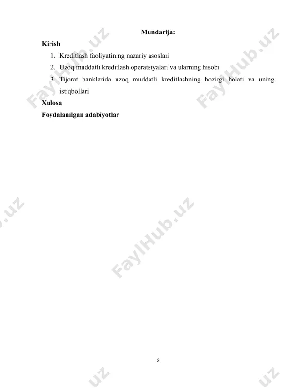 bi, moliyaviy tahlil uslublari va axborot texnologiyalari keng qo‘llanmoqda. shuningdek, hozirgi kunda o‘zbekiston bank tizimi xorijiy tajribani o‘rganish, kreditlash mexanizmlarini takomillashtirish va uzoq muddatli moliyalashtirish bo‘yicha yangi yo‘nalishlarni joriy etishga katta e’tibor qaratmoqda. bu esa mavzuning dolzarbligini yanada oshirib, uni ilmiy-nazariy va amaliy jihatdan o‘rganishni talab etadi. kurs ishining maqsadi ushbu kurs ishining asosiy maqsadi – uzoq muddatli kreditlash operatsiyalarining mohiyatini yoritish, ularning buxgalteriya hisobini o‘rganish va amaliyotdagi muammolar hamda ularni hal etish yo‘llarini aniqlashdan iborat. kurs ishining vazifalari · uzoq muddatli kredit tushunchasining iqtisodiy mazmunini ochib berish; · kreditlash operatsiyalarining turlari va ularning xususiyatlarini o‘rganish; · uzoq muddatli kreditlarning buxgalteriya hisobini yuritish tartibini tahlil qilish; · amaliy misollar asosida hisob yuritish jarayonini ko‘rsatish; · kreditlash tizimidagi mavjud muammolar va takliflarni aniqlash. kurs ishining predmeti uzoq muddatli kreditlash operatsiyalarining iqtisodiy mazmuni va buxgalteriya hisobini yuritish jarayonlari. kurs ishining obyekti tijorat banklarining uzoq muddatli kreditlash amaliyoti va bu operatsiyalarning buxgalteriya hisob …