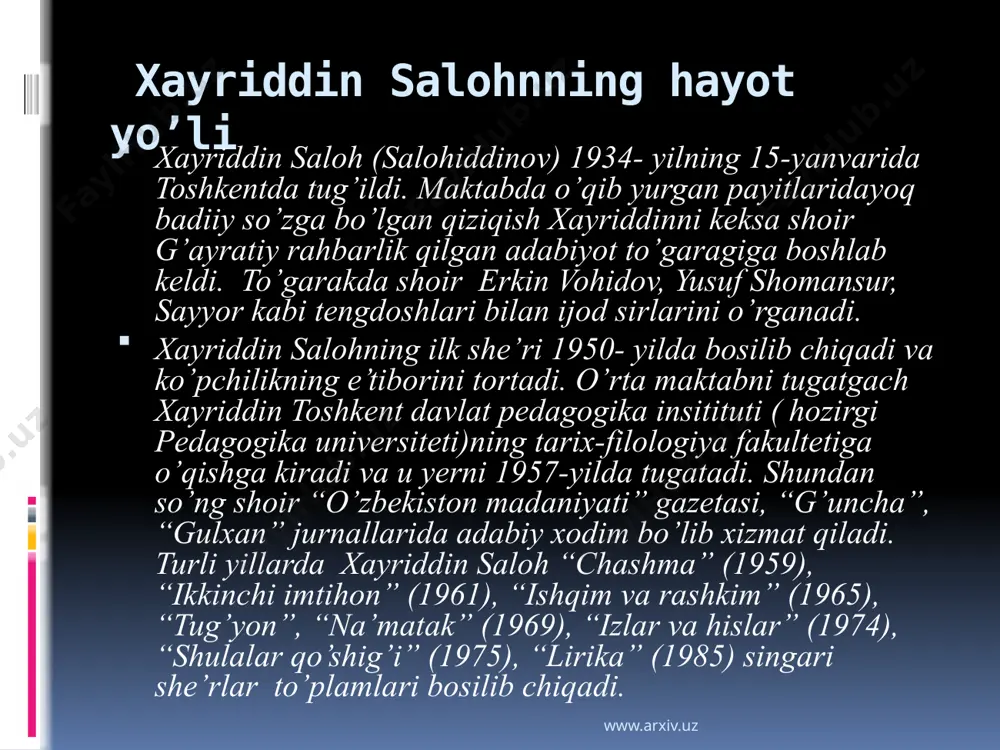 rug’ – aymog’im dafn etilgan muqaddas tuproq, har bir siqim, har bir qatrangni alishmasman zar, qahraboga. kiprigimda tutib mehringni, oshirmoq – chun yana qadringni – kelganman – ku yorug’ dunyoga. www.arxiv.uz go’zallik tasma – tasma ko’kda kamalak, kamalakni seving, do’stlarim. charx uradi gulda kapalak, kapalakni quving, do’stlarim! tog’ boshidan sakrar sharshara, sharsharaga solingiz quloq. yashillikka cho’mmish tog’, dara, daralardan uzmangiz nigah. ufqlarning etagi yal – yal, ufqlarni ko’zlangiz faqat. neki bo’lsa hayotda go’zal, go’zallikdan so’zlangiz faqat! www.arxiv.uz qorlar erib bitdi - ko’nglimda bahor, aprel o’tib ketdi - ko’nglimda bahor. sho’x soylar hayqirdi - ko’nglimda bahor, qirg’oqqa bosh urdi - ko’nglimda bahor. yerlarda oppoq qor - ko’nglimda bahor, muzladi soy anhor - ko’nglimda bahor. uzoq kezib yurdim xiyobonlarda, saraton payti ham ko’nglimda bahor. go’yo yurgandayman gul ochgan martda, yerlar maysa gilam - ko’nglimda bahor. bilsam, umrim o’zi bir bahor ekan. www.arxiv.uz yosh qalamkashlar to’garagida maqsud shayxzoda bilan suxbat www.arxiv.uz xayriddin saloh …