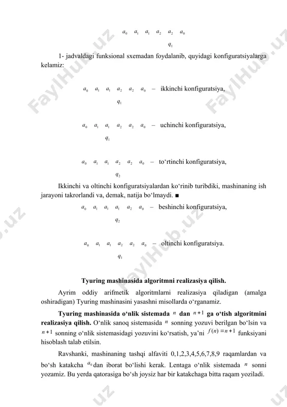 n. natural sonlarni qo’shish algoritmi. mashina lentasiga tayoqchalar majmuasi shaklida ikkita son berilgan bo’lsin. masalan, 2 va 3 sonlari. bu sonlarni qo’shish talab etilsin. qo’shish simvolini (belgisini) yulduzcha bilan belgilaymiz. shunday qilib, mashina lentasiga quyidagi so’z yoziladi. (1) (1) so’zga tatbiq qilish natijasida 2 va 3 sonlarining yig‘indisini, ya’ni (2) so‘zni beradigan funksional sxemani topish talab etiladi. qo’yilgan masalani yechish jarayonini izohlab beraylik. dastlabki momentda mashinaning kallagi eng chapdagi tayoqchani ko’rib tursin. uni to birinchi bo’sh katakchaga erishguncha hamma tayoqcha va yulduzchalarni cheklab o’ngga so’rish kerak. bu bo’sh katakchaga birinchi tayoqcha yoziladi. undan so’ng ikkinchi tayoqchaga qaytib kelish kerak va uni uchirib to’xtash kerak. mashina ishining hamma taktini quyidagi mos konfiguratsiyalarda ifodalab beramiz. 1) 2) 3) 4) 5) 6) 7) 8) 9) 10) 11) 12) 13) 14) 15) 16) 17) 18) 19) 20) 21) 22) 23) 24) 25) 26) 27) 28) 29) 30) bu jarayon masalaning yechish algoritmini ikki o‘lchovli …