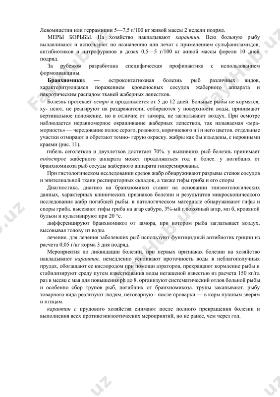 еский гастроэнтерит, спленит, нефрит, дистрофия печени и некрозы в ней, очаги некроза в миокарде. при подостром и хроническом течении регистрируются фурункулез, язвы и рубцы на коже, разрушение плавников, алопеция (потеря чешуи), потемнение кожи. лосось, больной фурункулезом диагностика. диагноз подтверждают бактериологическим исследованием и биопробой на годовалой форели. дифференцируют фурункулез от: · сапролегниоза (дерматомикоз), который может протекать в ассоциации с фурункулезом. при исследовании соскобов с кожи и жабр обнаруживают гифы гриба и зооспорангии. · октомитоза (гексамитоза) — протозооз, вызывается жгутиконосцами. в соскобах из кишечника обнаруживают подвижных паразитов. · ихтиофтириоза (протозооз). обнаруживают большое количе- е гво инфузорий в патматериале с поверхности тела, плавников и жабр. лечение. с кормом задают смесь сульфамерозина (24 г) и сульфогуанизина (6 г/100 кг живой массы форели) — 3 дня. допол- 11 ительно 7 дней в дозах: 12 и 8 г соответственно. левомицетин или геррамицин 5—7,5 г/100 кг живой массы 2 недели подряд. меры борьбы. на хозяйство накладывают карантин. …