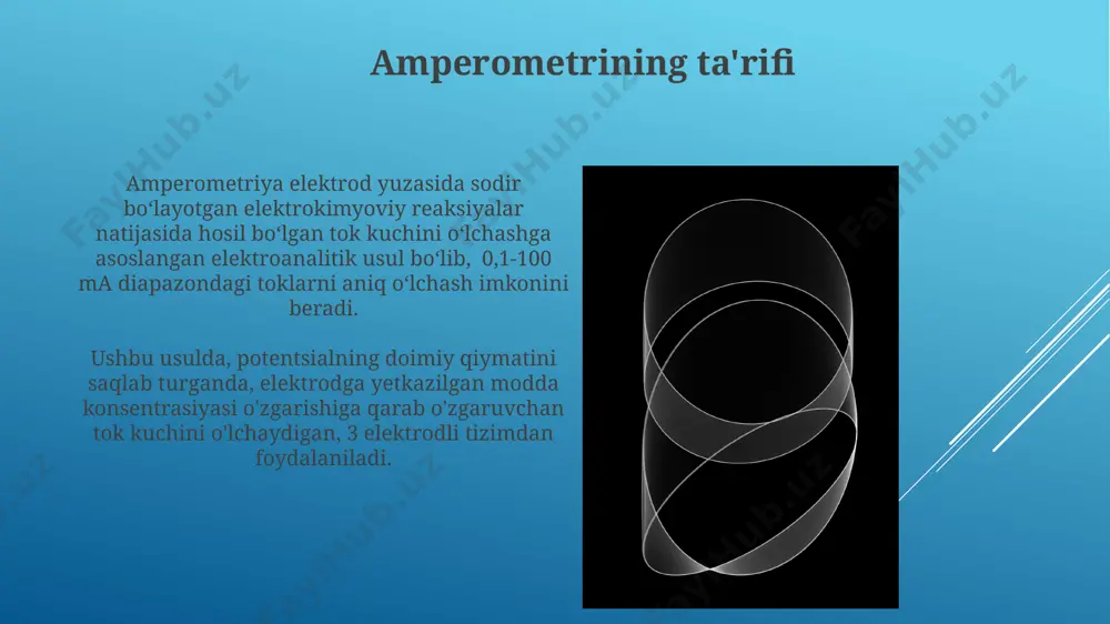 atijalar o'rtacha qiymati hisoblab chiqiladi. o'rtacha kvadrat xatosi (rmse) hisoblanadi. standartlashtirish uchun ishlatiladigan eritmalarning tozaligi va barqarorligi amperometrik o'lchovlarning aniqligiga bevosita ta'sir qiladi, shuning uchun 99,9% dan yuqori tozalikka ega standartlarni ishlatish tavsiya etiladi. faraday qonunlari faradayning birinchi qonuni elektroliz jarayonida ajralib chiqadigan moddaning massasi o'tkazilgan elektr zaryadiga (kulon bilan o'lchanadi) to'g'ridan-to'g'ri proportsional ekanligini ta'kidlaydi. faraday qonunlari elektrokimyoda muhim ahamiyatga ega bo'lib, 96485 kulon (1 farad) zaryad 1 ekvivalent moddani ajratib chiqarishini aniqlaydi. amperometrik sensorlarning turlari ammperometrik sensorlarning keng tarqalgan turlaridan biri – 3 elektrodli tizim bo'lib, unda ishchi elektrod, qarshi elektrod va potentsialni nazorat qiluvchi elektrod mavjud. bu tizim yuqori aniqlik va sezgirlikni ta'minlaydi. kislorodni aniqlash uchun ishlatiladigan ammperometrik sensorlar, ko'pincha, 0,1-10 ma diapazonida ishlaydigan oqimni o'lchaydi va yuqori selektivlikka ega bo'lgan metall oksidli elektrodlarni qo'llaydi. tibbiyotdagi qo'llanmalar in vivo amperometrik tahlil yordamida neyrotransmitterlarning, masalan, dopaminning konsentrasiyasi 1 nm dan yuqori aniqlikda o'lchanadi, bu parkinson kasalligini tashxislashda qo'llaniladi. amperometrik …