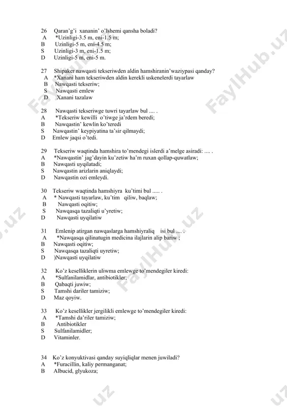 imetr; b adaptometr; s oftalmoskop; d lupalar. 39 gemianopsiya ne? a *ko’riw ortaliginin’ yarimi joq boliwi; b ko’riw ortalig’inin’ toliq joq boliwi; s ko’riwdin’ortaliqti onsha ko’rmewi; d uliwma ko’zdin’ ko’rmewi. 40 binokulyar ko’riw bul .... . a *bir zatti eki ko’z benen ten’dey ko’riw; b bir zatti bir ko’z benen ko’riw; s bir zatti ekew qilip ko’riw; d shala ko’riw. 41 sokolov usili bul ..... . a *qol alaqaninda tesik ko’riniwi; b qol alaqani menen ko’riw; s qoldi paydalanbastan ko’riw d bir zatti eki ma’rte ko’riw. 42 ko’zlerdin’ ten’dey ko’riwinin’ buziliwi bul .... . a *ko’zdin’ onsha ko’rmewi; b kozdin’ uliwma kormewi; s mu’yizli perdenin’ ziyanlaniw; d iridotsiklit. 43 ko’zdin’ ren’lerdin’ ajiratiwi nege baylanisli? a *nur tolqinlarinin’ uzinlig’ina; b nur sindiriwg’a; s nur o’tkiziwge; d nur to’lqinlarinin’ qisqalig’ina. 44 ren’ ajiratiwdin’ isten shig’iwi qanday aniqlanadi? a *rabkin kestesi arqali; b adaptometr arqali; s sokolov usili arqali; d perimetr arqali. 45 …