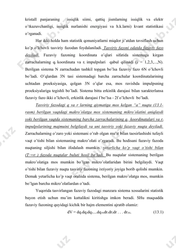 nda yei - i holatdagi zarrachalar energiyasi, ( - sistemaning kimyoviy potensiali, yaoni sistemadagi zarrachalar sonini bittaga oshirish uchun kerak bo’lgan energiya. k - bolpsman doimiysi, t - absolyut temperatura, ( - doimiy son bo’lib zarrachalarning turiga boliq. masalan: bozonlar uchun ( = -1; fermionlar uchun ( =+1, klassik zarrachalar uchun esa ( = 0. demak spinlari nolga va ga juft son marta karrali bo’lgan zarrachalar, yaoni bozonlar uchun, taqsimot funksiyasi quyidagi ko’rinishga ega va uni boze-eynshteyn taqsimoti deyiladi (13.13) spinlari ga toq son marta karrali bo’lgan zarrachalar, yaoni fermionlar uchun esa taqsimot funksiyasini fermi - dirak taqsimoti deyiladi (13.13) (13.13) va (13.13) taqsimot funksiyalardan foydalanib tarkibida n>>1 zarrachalari bo’lgan har qanday berk sistemadagi energiyasi ye va ye+de oraliida bo’lgan zarrachalarning dn sonini quyidagi ifoda bilan hisoblash mumkin dn = (fdg (13.13) bunda ( - zarrachalarning ichki xolatini (erkinlik darajasini) hisobga oladigan son. masalan: fermionlar va fotonlar uchun ( = …