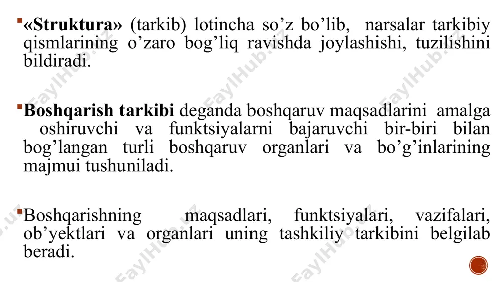 i oliy tashkilot - o‘zbekiston respublikasi oliy majlisidir. u xo‘jalik faoliyatini tartibga soluvchi qonun, qonuniy aktlarni tasdiqlaydi. davlat rejalari va byudjetining bajarilishi haqida hisobotni muhokama qilib tasdiqlaydi, iqtisodiyotni boshqarishning ijroiya tashkilotlarini shakllantiradi. 2. boshqarish tuzilmasini belgilovchi omillar tashkiliy tuzilmani loyihalashtirishning mustaqil usuli bo‘lib tashkiliy-iqtisodiy modellashtirish hisoblanadi. uning asosida ijro etuvchilarning vakolatlari va ma’suliyatining taqsimotining grafik, matematik, maketli-devoriy tasviri yotadi. boshqaruv tashkiliy tuzilmasini shakllantirishda boshqaruv pog‘onalari va zvenolari soni, chiziqli va funksional boshqaruvning markazlashuvi darajasi, boshqaruv bo‘limi va funksiyalari tarkibi, bitta rahbarga to‘g‘ri keladigan bo‘ysunuvchilar sonini asoslash zarur. boshqaruv tizimsida pog‘onalar qancha ko‘p bo‘lsa buyruqni yuqoridan pastga va axborotni pastdan yuqoriga uzatish shuncha qiyin bo‘ladi. buyruqni va axborotni uzatish jarayonida buzilishning xavfi shunchalik yuqori bo‘ladi. shuning uchun boshqaruv tashkiliy tuzilmasini loyihalashtirish va mukammallashtirishda boshqaruv pog‘onalari soni optimal bo‘lishiga intilish zarurdir. strukturani aniqlovchi belgilar . strukturani aniqlovchi belgilar regionlar va iste’molchilar guruhi; boshqarish maqsadi; boshqarish funksiyalari va vazifalari; xizmat qilinadigan ish vaqti …
