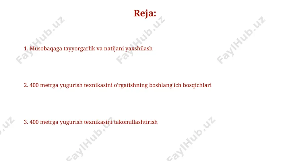 a oladi. nafas olish va nafas chiqarish texnikasi nafas olishni burun orqali qilib, nafas chiqarishni esa og'iz orqali qilish, 2:1 nisbatda (nafas olish vaqti nafas chiqarish vaqtidan qisqaroq) kislorod samaradorligini oshiradi. 400 metrga yugurishda optimal nafas olish ritmi 150-170 nafas olish/daqiqada bo'lib, yugurishning turli bosqichlarida o'zgarib turadi. 200-300 metr oralig'idagi strategiya 200-300 metr oraligʻida tezlikni 180-200 metr oraligʻiga nisbatan biroz pasaytirish, 300 metrga kelib esa, maksimal kuch sarfini boshlash muhim. bu esa yakuniy spurtingiz uchun energiya tejashga yordam beradi. 250 metrdan keyin mushaklarning charchoqini his qilish odatiy holat. shu nuqtada nafas olish texnikasini toʻgʻrilash va qadam uzunligini saqlashga eʼtibor qaratish zarur. 400 metrga yugurish texnikasining asosiy tamoyillari yugurish texnikasida qadam uzunligi va chastotasi muvozanatini topish muhim. masalan, 180 qadam/daqiqada 1,2 metrlik qadam uzunligi optimal bo'lishi mumkin, lekin bu yuguruvchining individual xususiyatlariga bog'liq. 400 metrga yugurishda startdan keyingi 20-30 metr masofani maksimal tezlashtirishga urg'u beriladi, keyin esa 200-250 metrgacha o'rtacha tezlikni …