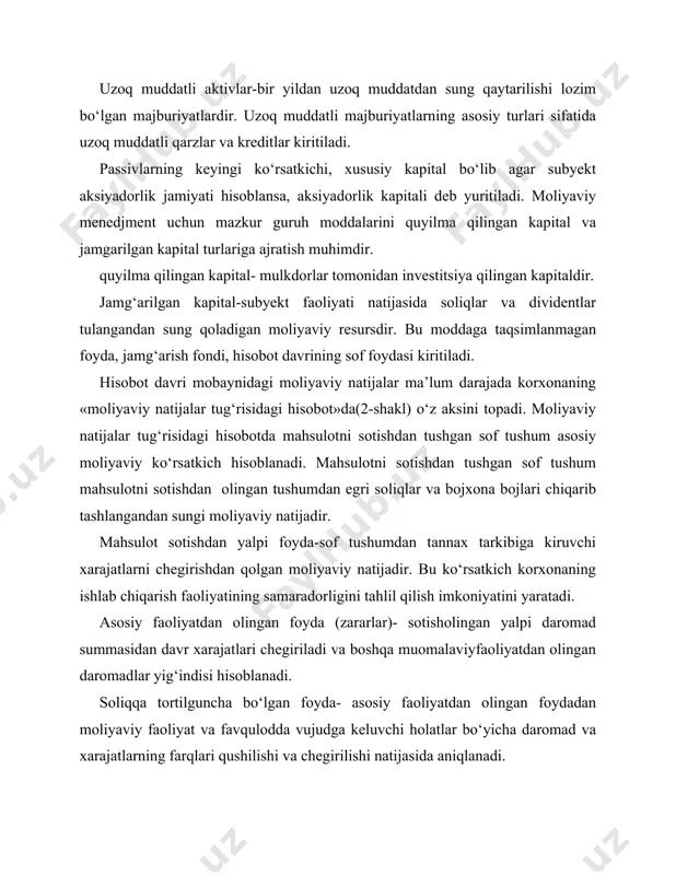 ax tarkibiga kiruvchi xarajatlarni chegirishdan qolgan moliyaviy natijadir. bu ko‘rsatkich korxonaning ishlab chiqarish faoliyatining samaradorligini tahlil qilish imkoniyatini yaratadi. asosiy faoliyatdan olingan foyda (zararlar)- sotisholingan yalpi daromad summasidan davr xarajatlari chegiriladi va boshqa muomalaviyfaoliyatdan olingan daromadlar yig‘indisi hisoblanadi. soliqqa tortilguncha bo‘lgan foyda- asosiy faoliyatdan olingan foydadan moliyaviy faoliyat va favqulodda vujudga keluvchi holatlar bo‘yicha daromad va xarajatlarning farqlari qushilishi va chegirilishi natijasida aniqlanadi. sof foyda-soliqqa tortilgancha bo‘lgan foydadan foydadan undiriladigan soliqlar va majburiy to‘lovlarni chegirib tashlangandan sung koladigan moliyaviy natija hisoblanadi. bu moliyaviy natija sof ishlab chiqarishning moliyaviy natijasi hisoblanadi va undan divident tulanadi. divident tulangandan sung qolgan foyda taqsimlanmagan foyda hisoblanadi va balansning 1 bo‘limida o‘z aksini topadi. «xarajatlarning tarkibi tug‘risidagi nizom»ning qabul qilinishi moliyaviy natijalar tug‘risidagi hisobotda alohida o‘z aksini topdi. moliyaviy natijalar tug‘risidagi hisobotning oxirgi moddasi taksimlanmagan foydani hisoblash uchun asos hisoblanuvchi sof foyda ko‘rsatkichi hisoblanadi. moliyaviy menedjment uchun nafaqat moliyaviy natijalarni bilish zarur, balki hisobot dvri …
