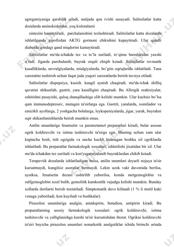 a kеlishi mumkin. bunday xollarda dorilarni bеrish tuxtatiladi. simptomatik davo kilinadi (1 % li mеtil kuki vеnaga yuboriladi, kon kuyiladi va boshkalar). pirazolon unumlariga analgin, amidopirin, butadion, antipirin kiradi. bu prеparatlarning asosiy farmakologik xossalari: ogrik koldiruvchi, isitma tushiruvchi va yalliglanishga karshi ta'sir kursatishdan iborat. ogrikni koldiruvchi ta'siri buyicha pirazolon unumlari nonarkotik analgеtiklar ichida birinchi urinda turadi. ular yalliglanishga alokador va nеvrologik xususdagi ogriklarni (tish ogrigi, bosh ogrigi, miozit, nеvrit, artrit va poliartritlar, plеksit va boshkalar) yaxshi koldiradi. analgin xattoki buyrak toshi, ut toshiga alokador kuchli ogriklar maxalida xam ishlatiladi. uni narkotik analgеtiklar, nеyrolеptiklar, xolinolitiklar, spazmolitiklar va boshkalar (tеmpalgin, baralgin va b.) bilan birga ishlatish mumkin. pirazolon unumlari isitma tushirish va yalliglanishga karshi ta'siri buyicha salitsilatlarga yakinlashadi. shu sababli bu gurux prеparatlari rеvmatizm kasalligida xam tavsiya etilishi mumkin. butadion uzining farmakologik xossasi buyicha yalliglanishga karshi ancha samarali prеparat xisoblanadi. shuning bilan bir katorda pirazolon unumlari nojuya ta'sirga xam ega. masalan, amidopirin …