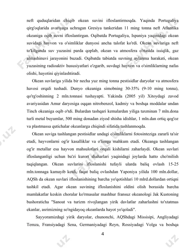 inidagi joylarda hatto cho'milish taqiqlangan. okean suvlarini ifloslanishi tufayli ularda baliq ovlash 15-25 mln.tonnaga kamayib ketdi, faqat baliq ovlashdan yaponiya yilida 100 mln.dollar, aqsh da okean suvlari ifloslanishining barcha yo'qotishlari 10 mlrd.dollardan ortiqni tashkil etadi. agar okean suvining ifloslanishini oldini olish borasida barcha mamlakatlar keskin choralar ko'rmasalar mashhur fransuz okeanologi jak kustoning bashoraticha "sanoat va turizm rivojlangan yirik davlatlar zaharlashni to'xtatmas ekanlar, asrimizning so'ngidayoq okeanlarda hayot yo'qoladi". sayyoramizdagi yirik daryolar, chunonchi, aqshdagi missisipi, angliyadagi temza, fransiyadagi sena, germaniyadagi reyn, rossiyadagi volga va boshqa daryolarning suvi juda ifloslantirilgan. oqibatda ularda yashovchi ko'p baliq turlari qirilib ketdi. shuningdek, o'zbekistondagi sirdaryo, zarafshon, chirchiq kabi daryolar, ulardan tarqalgan ariqlarning suvi xam sanoat korxonalari va xonadonlardan chiqqan axlatlarni to'kilishidan ifloslangan, ba'zilarida hatto biron tirik organizm yashashi uchun sharoit yo'q. hozirgi davrda sayyoramizda ichimlik suvi etishmasligidan 2 mlrd.kishi qiynalyapti. birlashgan millatlar tashkiloti (bmt) ning bosh kotibi kofi annanning fikricha, 2015 yilda sayyoramizdagi aholining yarmi ichimlik suvi …