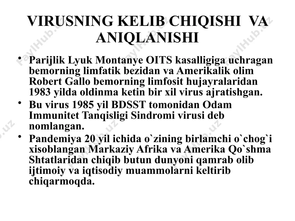 davr deb atalib, u asabi mustahkam, yaxshi sharoitda yashaydigan va kurashuvchanligi yuqori bo’lgan odamlarda uzoq vaqt davom etadi va bunday odamlarda oits kasalligi asta – sekin rivojlanadi. oiv infersiysining dastlabki belgilari tаnа hаrоrаtining sаbаbsiz ko`tаrilishi (bir nеchа xаftа dаvоmidа) bir оydаn qo`prоq vаqt mоbаynidа yo`tаlish ichning kеtishi vа uni xаftаlаb, оylаb dаvоm etishi oits – kasalligining kechishi 1. o’tkir davr. bu davrda bemorlar atrofdagilar uchun o’ta zararli bo’lib hisoblanadilar. bu davr o’rtacha 3-4 hafta davom etib, sababsiz tana haroratining 38-40 darajagacha ko’tarilishi, ko’p terlash, tez – tez shamollash, umumiy kamquvvatlilik, me’yorida ovqatlansa ham tana vaznining kamayishi, bosh og’rig’i, ichning beto’xtov ketishi, diskomfort, terida turli toshmalarning toshishi, barcha limfa tugunlarining kattalashuvi bilan xarakterlanadi. oits bilan og’rigan bemorlarning 1/3 qismida dastlab immun tanqisligi bo’lmay, ularda asab kasalliklari kuzatiladi.yana 1-3 haftalardan so’ng bu belgilar mustaqil sekin yo’qolib ketadi. oits – kasalligining kechishi 2. kasallikning belgilarsiz kechuvchi surunkali davri. bu davr 6 oydan 10-15 …
