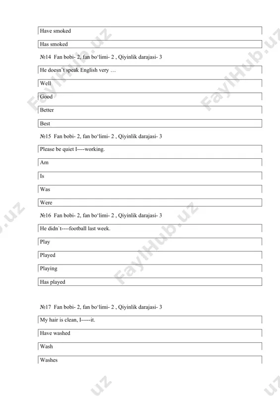 at do we call a person who always counts money? accountant teacher boxer a sailor №50 fan bobi- 2, fan bо‘limi- 2 , qiyinlik darajasi- 3 choose the word with the most general meaning. fruit pear apple apricot №51 fan bobi- 2, fan bо‘limi- 2 , qiyinlik darajasi- 3 choose the correct answer .do you live far from your school? yes,i do. yes, did . yes , i have. no,i do. №52 fan bobi- 2, fan bо‘limi- 2 , qiyinlik darajasi- 3 choose the right question .the teacher asked us to close the books and listen to her. what did the teacher ask us to do? why did the teacher ask us to do? who asked us to close the books? something №53 fan bobi- 2, fan bо‘limi- 2 , qiyinlik darajasi- 3 choose the right answer. what do we call a person who always teaches children? teacher driver manager …