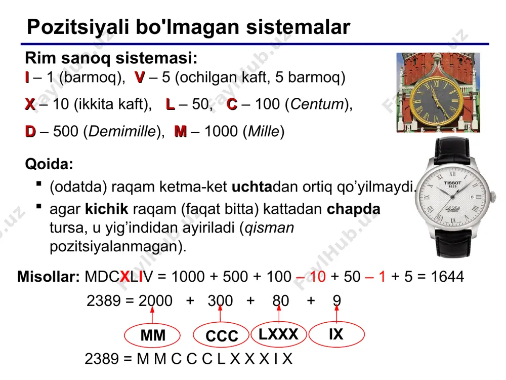 1 a 0111 { 1111 0001 10102 ikkilik sistemadan o’n oltilikka o’tish 10010111011112 1-qadam. o’ngdan boshlab tetradalarga ajratamiz: 0001 0010 1110 11112 2-qadam. har bir tetrada o’n oltilik raqam bilan yoziladi: 0001 0010 1110 11112 1 2 e f javob: 10010111011112 = 12ef16 { { { * sakkizlikka va aksincha almashtirish mehnatli 3dea16 = 11 1101 1110 10102 16 10 8 2 1-qadam. ikkilik sistemaga o’tkaziladi: 2-qadam. triadalarga bo’linadi: 3-qadam. triada – bitta sakkizlik raqam: 011 110 111 101 0102 3dea16 = 367528 * arifmetik amallar qo’shish a 5 b16 + c 7 e16 1 1 6 d 916 10 5 11 + 12 7 14 11+14=25=16+9 5+7+1=13=d16 10+12=22=16+6 1 1 ko’chirishga 1 ko’chirishga 1 6 13 9  ayirish s 5 b16 – a 7 e16 “qarz"  1 d d16 12 5 11 – 10 7 14  (11+16)–14=13=d16 (5 – 1)+16 – 7=13=d16 (12 – 1) – …