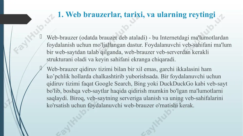 rk andreessen o'zining netscape kompaniyasini tashkil qildi, u 1994 yilda mosaik ta'siridagi netscape navigatorni chiqardi. navigator tezda eng mashhur brauzerga aylandi. microsoft internet explorer-dagi debyutini 1995 yilda boshladi, bu esa netscape bilan brauzer urishishiga olib keldi. microsoft ikkita sababga ko'ra etakchi mavqega ega bo'ldi: u internet explorer-ni o'zining mashhur windows windows operatsion tizimi bilan birlashtirdi va foydalanish uchun hech qanday cheklovlarsiz bepul dastur sifatida ishlaydi. oxir oqibat internet explorer-ning bozor ulushi 2002 yilda 95% dan yuqori darajaga etdi. 1998 yilda netscape, ochiq manbali dasturiy ta'minot modelidan foydalanib, yangi brauzer yaratish uchun mozilla jamg'armasi ajratdi. bu ish firefoxda rivojlanib, birinchi marta mozilla tomonidan 2004 yilda ommaga taqdim qilingan. firefox 2011-yilda bozorning 28% ulushiga erishgan. 2020-yil mart oyi ma’lumotlariga ko’ra web brauzerlardan foydalanish bo’yicha grafik. 2. mashhur web-brauzerlar haqida ma’lumotlar internet explorer internet explorer (ie) - bu microsoft dasturiy ta'minot gigantining mahsuloti. bu yer yuzida eng ko'p ishlatiladigan brauzerlardan biri hisoblanadi (foydalanilishi …