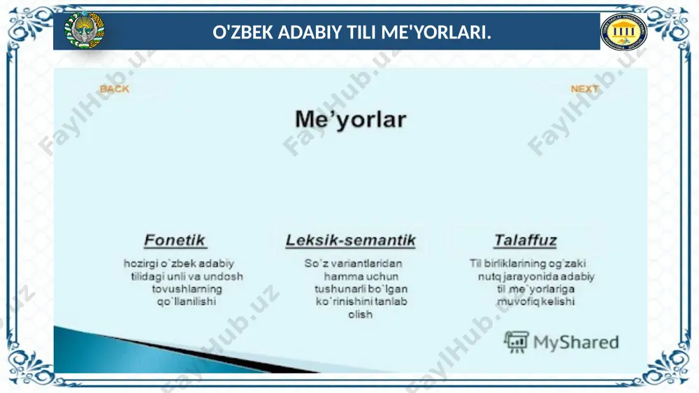 rammatikalarda tavsiya etiladi; g) shu til vakillarining hammasi uchun majburiy hisoblanadi. hozirgi kunda tilshunosligimizda o‘zbek adabiy tilining me'yorlari quyidagicha tasniflanadi: 1. leksik-semantik me'yor. 2. orfoepik (talaffuz) me'yor. 3. yozuv (grafik) me'yori. 4. fonetik me'yor. 5. aksentologik (urg‘uni to‘g‘ri qo‘llash) me'yor. 6. grammatik me'yor (morfologik va sintaktik). 7. so‘z yasash me'yori. 8. imloviy me'yor. 9. punktuatsion me'yor. 10. uslubiy me'yor. салохиддинов маъруф “тиббий радиология ва диагностика” йўналиши 1-босқич магистранти тошкент тиббиёт академияси абулқосимова шахноза “integratsion tabiiy resurslarni boshqarish” йўналиши 1-босқич магистранти ўзбекистон миллий университети расулов шоҳруҳбек “халқаро маркетинг ва менеджмент” йўналиши магистранти каримов рустамбек “лапароскопик жарроҳлик ва жарроҳлик амалиёти” йўналиши магистранти o‘zbek adabiy tili me'yorlari leksik-semantik me'yor. bu me'yor so‘z tanlash va uni nutqda o‘rinli qo‘llash qoidalari bilan ish ko‘radi. so‘z qo‘llash me'yoriga ko‘ra umumxalq tilida mavjud bo‘lgan lug‘aviy birliklardan eng ma'quli me'yor sifatida tanlab olinadi hamda ulardan foydalanish tartibi belgilab beriladi. orfoepik me'yor. orfoepik me'yor, ya'ni talaffuz me'yori til birliklarining …