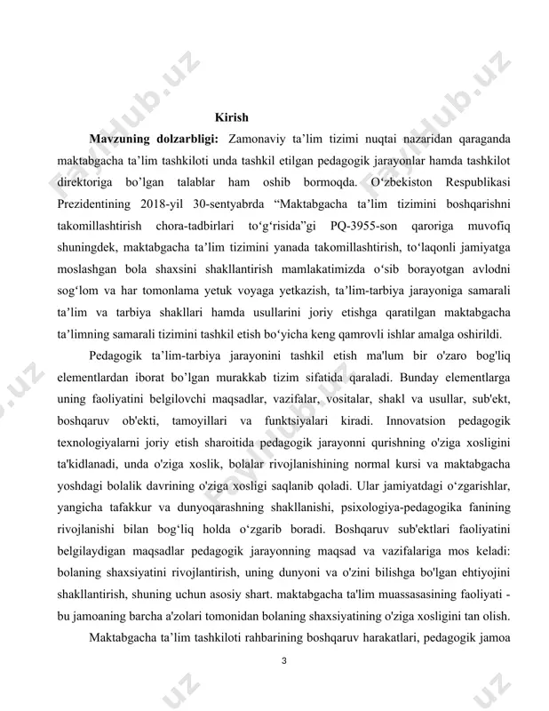 im tashkilotlari faoliyatining doirasini kengaytirish; • insonparvarlik tamoyiliga asoslangan kattalar va bolalar o'rtasidagi hamkorlik. bundan tashqari, boshqaruv modeliga qo'yiladigan talablar: · uning tez o‘zgaruvchan ijtimoiy-iqtisodiy va pedagogik sharoitlarga moslashishi, boshqaruv sub’ektlariga yangi tuzilmalar va mazmunni tizimga o‘z vaqtida kiritish imkonini beruvchi ochiqligi; · maktabgacha ta’lim tashkilotlarini boshqarishning taqlidchanlik xarakteriga barham berish, ijodkorlik muhitini yaratish, qat’iy tartib-qoidalarga barham berish. · ta’lim tashkiloti xodimlari doimiy yangilanishga, maktabgacha ta’lim tashkilotlarining rivojlanishini ta’minlashga qaratilishi kerak. · xodimlar malakasini oshirish va qabul qilish jarayonining shaffofligi g'oyalarning innovatsiyaga aylanishini ta'minlaydigan va bu jarayonni boshqarish tizimini shakllantiradigan faoliyat bu innovatsion faoliyatdir. innovatsiya jarayoni rivojlanish bosqichlarining yana bir o'ziga xos xususiyati mavjud. pedagogik tajribada pedagogik innovatsiyalarni ijodiy qo’llash alohida o’qituvchilar ish faoliyatining boshlang‘ich bosqichida namoyon bo’ladi. pedagogik innovatsiyalarning mazmuni, uni qo’llash metodlarini bo’lajak o’qituvchilar tajribasiga singdirish muhim ahamiyatga ega. ta’lim muassasasi hayotiga pedagogik innovatsiyalarni keng ko’lamda olib kirish uchun unda yangilik muhitini yaratish, muayyan axloqiy psixologik holatni shakllantirish, …