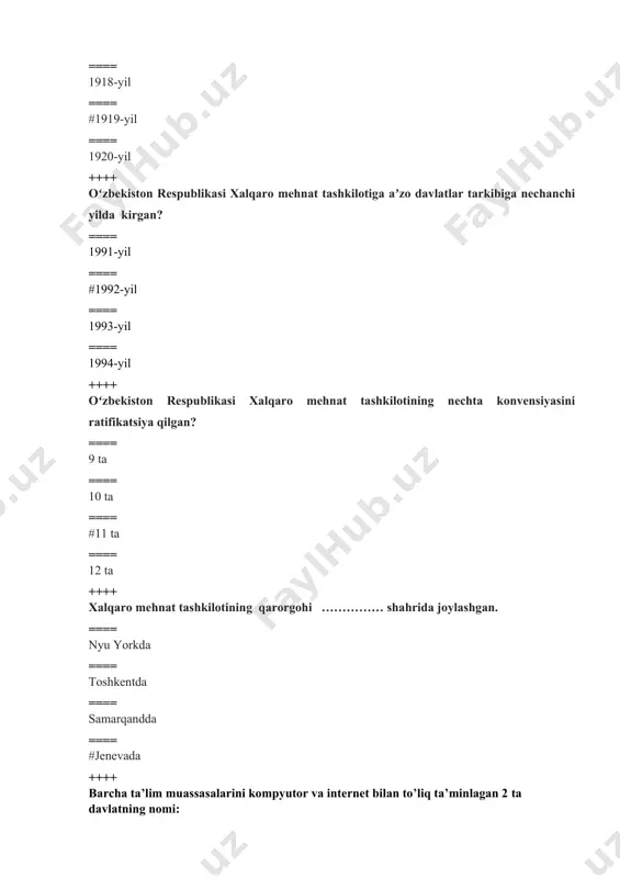 -sinflar ==== 1-8-sinflar ++++ yaponiyada kasb yo‘nalishidagi dastlabki kollejlar qachon paydo bo‘lgan? ==== 1866-yil ==== 1870-yil ==== #1893-yil ==== 1895-yil ++++ birinchi dorilfunun yaponiyada ……………yil tokioda tashkil etildi. ==== #1886-yil ==== 1867-yil ==== 1868-yil ==== 1869-yil ++++ «biz shaxsiy g‘ururi bor, o‘zining qobiliyati va imkoniyatiga ishonuvchi, haqiqat va tinchlikni sevuvchi odamlarni tarbiyalaymiz, toki ular ko‘p qirrali madaniyat sohibi bo‘lsinlar». mazkur jumla qaysi davlatning “ta’lim to’g’risida”gi qonunida yozilgan? ==== janubiy koreya ==== shimoliy koreya ==== xitoy ==== #yaponiya ++++ janubiy koreyada boshlang’ich maktab necha yil? ==== 4-yil ==== 5-yil ==== #6-yil ==== 3-yil ++++ janubiy koreyada boshlang’ich maktab necha yoshni o’z ichiga oladi? ==== 7 yoshdan 14 yoshgacha ==== #7 yoshdan 13 yoshgacha ==== 7 yoshdan 15 yoshgacha ==== 7 yoshdan 12 yoshgacha ++++ koreys tilida ikkinchi darajali maktab deganda nimani anglatadi? ==== umumta’lim maktabi ==== umumiy o’rta ta’lim maktabi ==== #o’rta maktab ==== boshlangi’ch maktab ++++ janubiy koreyada darslarning davomiyligi …