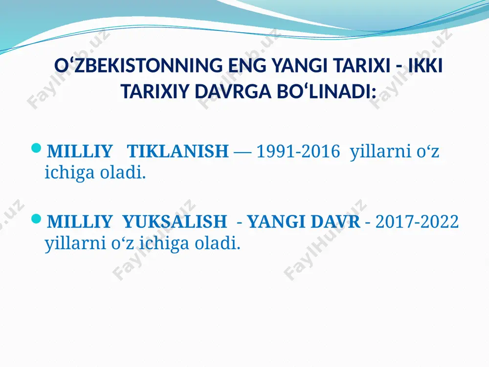 spublikasi oliy va о‘rta maxsus ta’lim vazirligi huzurida о‘zbekistonning eng yangi tari­xi bо‘yicha jamoatchilik kengashi tashkil etildi (pq-1694). 2017 yil 17 fevralda oliy va о‘rta maxsus ta’lim vazirligi huzuridagi о‘zbekistonning eng yangi tarixi bо‘yicha jamoatchilik kengashi о‘zbekiston respublikasi fanlar akademiyasi huzuridagi о‘zbekistonning eng yangi tarixi bо‘yicha jamoatchilik kengashiga aylantirish bo’yicha prezident qarori (pq-2789) qabul qilindi. 2017 yil 30 iyunda пқ-3105 “o’zr fa huzurida o’zbekistonning eng yangi tarixi bo’yicha jamoatchilik kengashi” tashkil etildi. 2019 yil 11 iyulda “o’zbekiston tarixi” telekanalini tashkil etish chora-tadbirlari to’g’risida” o’zbekiston respublikasi prezidentining qarori (pq-4390) qabul qilindi. e’tiboringiz uchun rahmat image2.jpeg image3.jpeg image4.jpeg image5.jpeg image6.jpeg image7.jpeg image8.jpeg image9.jpeg image10.jpeg /docprops/thumbnail.jpeg