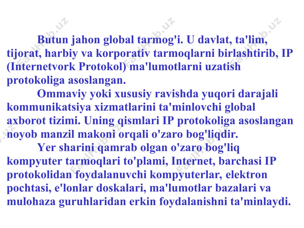 ekiston) domeni, o'z ichiga olgan gov (hukumat) domeni, uni o'z ichiga olgan mvs (tashqi iqtisodiy aloqalar vazirligi) va uni o'z ichiga olgan www (www serveri). nolinchi pog'ona domenlari har doim tarmoq nomlarini bildiradi. nol pog'ona domenlari – icann tomonidan. 1chi va undan yuqori pog'ona domenlarini taqsimlash vakolatli tashkilotlar va provayderlar tomonidan amalga oshiriladi. icann – (internet corporation for assigned names and numbers) domen nomlarini boshqaruvchi xalqaro markaz (www.icann.org) dns geografik administrativ ikkinchi pog'ona domeni ikkinchi pog'ona domeni ikkinchi pog'ona domeni ikkinchi pog'ona domeni kompyuter nomi e'tibor bergan bo'lsangiz domenlar nomi ko'pincha .com, .edu yoki .org bilan tugaydi. *.com tijorat tashkilotlari uchun ishlatiladi, masalan: microsoft.com, ibm.com. *.edu o'quv muassasalari uchun ishlatiladi, masalan: vcu.edu (virginia commowealth university), cmu.edu (kornegi mellon universiteti), wsu.edu (washington state university) *.gov davlat muassasalari uchun ishlatiladi, masalan: gov.uz o'zbekiston xukumati; whitehouse.gov (aqsh oq uy), *.org notijorat tashkilotlar uchun ishlatiladi, masalan: irex.org (ayreks tashkiloti), redcross.org (amerika qizil kresti). *.net …