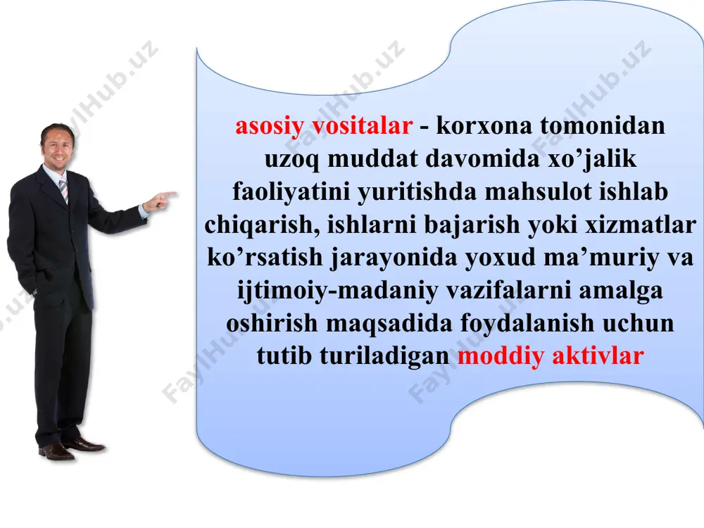 kelib tushishi va xo‘jalik ichida siljishi quyidagi dastlabki hujjatlar bilan rasmiylashtiriladi qurib bitkazilgan bino va inshootlar, aholi yashaydigan uylar va madaniy-maishiy binolarni qabul qilish asosiy vositalarni qabul-qilish-topshirish dalolatnomasi(52-shakl)ga asosan amalga oshiriladi zamonaviylashtirish, qayta tiklash va kapital tahmirlashdan so‘ng asosiy vositalarni qabul qilish-topshirish ta’mirdan chiqqan va qayta tiklangan asosiy vositalarni qabul qilish-topshirish dalolatnomasi (53-shakl) ko‘p yillik daraxt ko‘chatlarini ekish bo‘yicha tugallangan ishlar va yosh ko‘chatlarni foydalanishga topshirish ko‘p yillik daraxtlarni qabul qilish va ularni foydalanishga topshirish dalolatnomasi (54-shakl) mahsuldor va ish hayvonlar asosiy podasiga yosh chorva mollarini o‘tkazish chorva mollarini guruhdan-guruhga o‘tkazish dalolatnomasi(97-shakl) asosiy vositalarni balansdan chiqarish uchun quyidagi dalolatnomalar tuziladi bino va inshootlarni hisobdan chiqarish dalolatnomasi (55-shakl) mashina, o‘urilish va transport vositalarini hisobdan chiqarish dalolatnomasi (56-shakl) chorva mollarini asosiy podadan yaroqsizlikka(brakka) chiqarish dalolatnomasi (57-shakl) ko‘p yillik daraxtlarni hisobdan chiqarish dalolatnomasi (58-shakl) ishlab chiqarish va xo‘jalik inventarlarini va xo‘jalik anjomlarini hisobdan chiqarish dalolatnomasi (126-shakl). asosiy vositalarning mavjud qoldig‘i va harakatlanishi quyidagi …