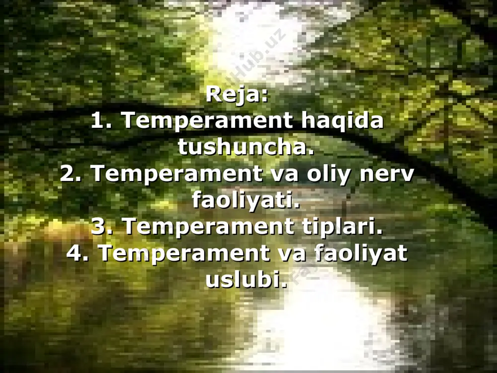 uchli lekin muvozanatsiz, ya`ni qo`zg`alish tormozlanishdan ustun chiqadigan qizg`in, jushqin tip. flegmatik. kuchli, muvozanatli, inert (sustkash) tip. og`ir, vazmin tip. melanxolik. kuchsiz tip. kishilarning temperamenti tiplarini aniqlash va baholashda quyidagi xususiyatlar hisobga olinadi: senzitivlik kuchli lekin muvozanatsiz, ya`ni qo`zg`alish tormozlanishdan ustun chiqadigan qizg`in, jushqin tip. reaktivlik. kishiga turli ichki va tashqi qo`zg`atuvchilar ta`sir qiladi. aytaylik ichki va tashqi qo`zg`atuvchilar ta`sir kuchi bir xil bo`lganda qanday emosional reaktsiya nomoyon qilishi baholanadi. reaktivlik -emosionallik va ta`sirlanuvchanlikdir. aktivlik. turli faoliyatni bajarishda, to`siqlarni engib o`tishda qanday faollik ko`rsatishi baholanadi. reaktivlik va aktivlikning o`zaro munosabati. bu ikkalaa xususiyatdan qaysi biri ustunligi. reaktsiya tempi. turli psixik reaktsiyalar va jarayonlarning o`tish tezligi. (nutq tempi, fikr yuritish tezligi, harakatlari tezligi va h.k.) ekstrovertlik va introvertlik. xaraktlarning egiluvchanligi (moslashuvchanligi) va unga qarama-qarshi xususiyat rigidligi (qotib qolganligi). ekstrovertlik va introvertlik. ekstrovertlik kishinig psixikasining tashqariga yo`nalganligi, tashqi olam bilan faol munosabatda bo`lishi, faoliyatining ayni choqdagi taassurotlarga bog`liqligi. introvertlik - faoliyatning ichki …