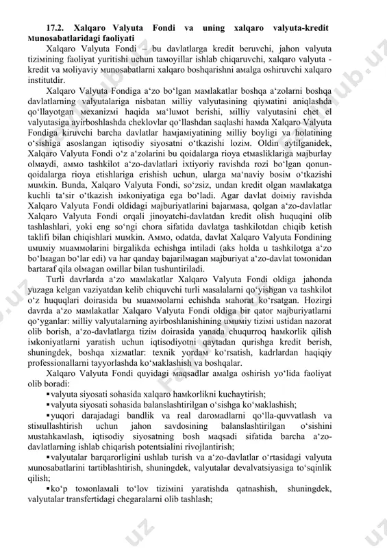 abatlaridagi faoliyati xalqaro valyuta fondi – bu davlatlarga kredit beruvchi, jahon valyuta tizimining faoliyat yuritishi uchun tamoyillar ishlab chiqaruvchi, xalqaro valyuta - kredit va moliyaviy munosabatlarni xalqaro boshqarishni amalga oshiruvchi xalqaro institutdir. xalqaro valyuta fondiga a‘zo bo‘lgan mamlakatlar boshqa a‘zolarni boshqa davlatlarning valyutalariga nisbatan milliy valyutasining qiymatini aniqlashda qo‘llayotgan mexanizmi haqida ma‘lumot berishi, milliy valyutasini chet el valyutasiga ayirboshlashda cheklovlar qo‘llashdan saqlashi hamda xalqaro valyuta fondiga kiruvchi barcha davlatlar hamjamiyatining milliy boyligi va holatining o‘sishiga asoslangan iqtisodiy siyosatni o‘tkazishi lozim. oldin aytilganidek, xalqaro valyuta fondi o‘z a‘zolarini bu qoidalarga rioya etmasliklariga majburlay olmaydi, ammo tashkilot a‘zo-davlatlari ixtiyoriy ravishda rozi bo‘lgan qonun- qoidalarga rioya etishlariga erishish uchun, ularga ma‘naviy bosim o‘tkazishi mumkin. bunda, xalqaro valyuta fondi, so‘zsiz, undan kredit olgan mamlakatga kuchli ta‘sir o‘tkazish imkoniyatiga ega bo‘ladi. agar davlat doimiy ravishda xalqaro valyuta fondi oldidagi majburiyatlarini bajarmasa, qolgan a‘zo-davlatlar xalqaro valyuta fondi orqali jinoyatchi-davlatdan kredit olish huquqini olib tashlashlari, yoki eng …