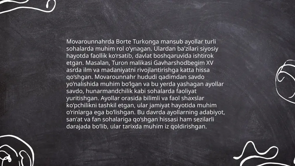 an biri, 1800-yillarning boshida faol siyosiy rol o'ynagan. u muhammad umarxonning rafiqasi va madaliyoqubxonning onasi edi. nodirabegim qo'qon xonligining siyosatda mustahkam mavqega ega bo'lgan ayollardan bo'lib, uning davrida madaniy hayot va saroy adabiyoti rivojlandi. u shoir, adiba va ilm-fan homiysi sifatida tanilgan. nodirabegim o'z siyosiy faoliyati davomida saroydagi ixtiloflarni boshqarish va xonlik manfaatlarini himoya qilishga katta e'tibor qaratdi. uning nomi bilan bog'liq bir qancha tarixiy asarlar mavjud bo'lib, bu asarlar nodirabegimning qo'qon xonligi tarixidagi ahamiyatini tasdiqlaydi. ... t.me/slaydai_bot 9. asr turkiy sivilizatsiyasida ayol hukmdorlarning o'rni cheklangan bo'lsa-da, ular muhim rol o'ynagan. ushbu davrda ayollar hokimiyatga erishish uchun turli siyosiy strategiyalar, nikoh siyosati va oilaviy aloqalarni ishlatishgan. masalan, xitoydagi tan sulolasi bilan aloqa o'rnatish orqali o'z mavqeini kuchaytirishgan. ayol hukmdorlar, ayniqsa, oila va mahalliy siyosatdagi ta'sirlari bilan ajralib turishgan. madaniyat va san'at rivojiga hissa qo'shgan holda, ular siyosiy va ijtimoiy hayotni boyitgan. biroq, ko'pchilik holatlarda, ular erkak hukmdorlar orqali ma'lum vakolatlarni …