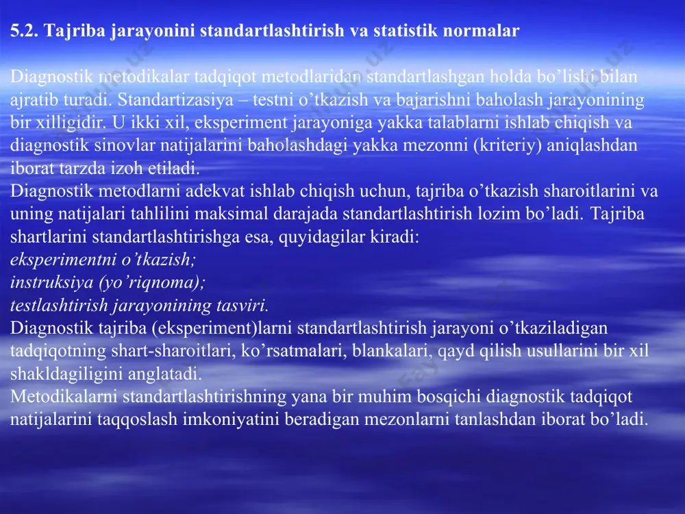 qanday yo’llari ishonchliroq ekanligini bashorat qilish borasida qarama-qarshi fikrlar ham mavjud. shu bois, klinik-subyektiv tajriba va intuisiyaga yoki statistik-obyektiv va kriteriylarga yo’naltirilgan umumlashtirish afzalmi, degan mushohadalar hamon davom etmoqda. klinik yondoshuv sifatli tahlillarga asoslangan holda amalga oshiriladi. uning muhim xususiyatlari “subyektiv hukm” va professional tajribaga asoslanganligidadir. natijada,“sof holda”gi klinik yondoshuv haqiqiy fikrlashdan uzoq bo’lmaydi. statistik yondoshuv obyektiv ko’rsatkichlarning miqdoriy qayta ishlanishini inobatga olishni e’tirof etadi. subyektiv hukm ahamiyatliligi minimum darajaga olib kelinadi. interpretasiya empirik jihatdan aniqlangan statistik mos kelishlik asosida amalga oshiriladi. klinik va statistik interpretasiya samaradorligi masalasi psixologlar tomonidan ko’p marotaba muhokama qilinganligiga qaramay hozirgacha munozaralar predmeti bo’lib kelmoqda. ushbu munozaralarning asoschisi p.mil (1954) hisoblanadi. bu sohada u ancha tajribaga ega bo’lganligi bois, statistik interpretasiya klinikka nisbatan samaraliroq ekanligi to’g’risida xulosa qiladi. 5.5. ishonchlilik. validlik ishonchlilik – bu jarayonning obyektga nisbatan barqarorligidir. diagnostik ma’lumotlarning ishonchliligi va sifati ma’lum darajada tekshiruv metodiga bog’liq bo’ladi. bu jarayon mos keluvchi texnik tekshiruv, …
