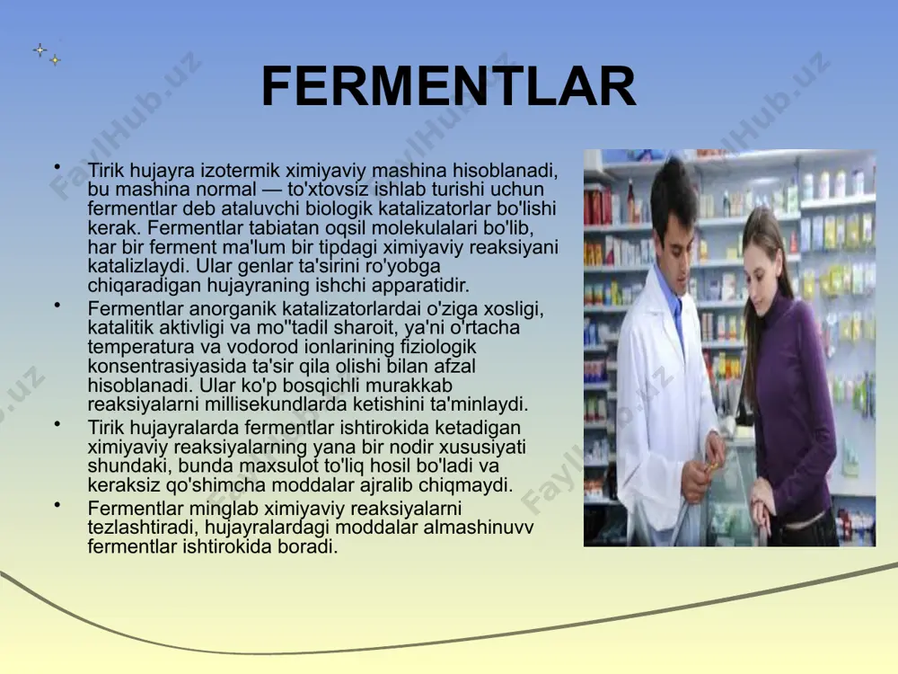 qobig'ini buzish, to'qimani gomogenizasiya qilish, turli tuz eritmalari va organik erituvchilar yordamida ekstraksiya qilish kerak. fermentlarni ajratib olish ishlari 0 c atrofida (sovuq xonalarda), agar organik erituvchilar ishlatilsa, 0 dan past (1 — 2 — 5°c da) temperaturalarda olib borilishi kerak. aks holda ferment aktivligini yo'qotib qo'yadi. hozirgi vaqtda mingdan ortiq fermentlar ma'lum bo'lib xalqaro bioximklar ittifoqining fermentlar bo'yicha komissiyasi 1961 yilda ularning klassifikasiyasi va nomlanishini ishlab chiqqan. har bir fermentning nomeri to'rtta sondan tarkib topib, bu sonlar turli ma'noni anglatgani uchun nuqtalar bilan ajratilgan. fermentlarga xos reaksiyalar anorganik katalizatorlar bilan fermentlar ta'sirini taqqoslash kerakli asbob va reaktivlar: shtatiz, probirkalar, pipetkalar, naq o'tkazilgan probka, gaz gorelka yoki spirt lampasi, suv termometri, suv hammomi, kraxmalning 1% li eritmasi, xlorid kislotaning 10% li eritmasi, lyugol eritmasi, natriy gidroksidning 10% li eritmasi, mis (ii)- sulfatning 1% li eritmasi, kraxmalning 0,3 m natriy xloriddagi 1% li eritmasi, distillangan suv, 10 marta suyultirilgan so'lak. fermentlar …
