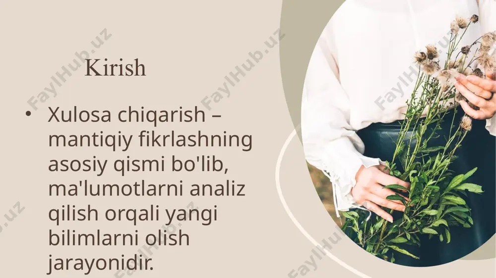 lardan butun turkum haqidagi umumiy fikrlar hosil qilinadi. 10 10 deduktsiya va induktsiya: taqqoslash 11 deduktsiya: umumiydan xususiyga. induktsiya: xususiydan umumiyga. 11 analogiya boʻyicha xulosa chiqarish. 12 • analogiya yunoncha “anologia” soʻzidan olingan boʻlib, muvofiqlik, oʻxshashli ma'nolarini anglatadi. • analogiya inson tafakkuri taraqqiyotining dastlabki bosqichlaridan boshlab rivojlangan. • analogiya xulosa chiqarishning shunday uslubiki, muayyan belgining, munosabatning predmetga xosligi haqidagi xulosa boshqa predmetning belgi va munosabatlariga solishtirish vositasida chiqariladi. 12 analogiyaning amaliy qo‘llanilishi 13 fan, texnologiya va kundalik hayotda analogiya yordamida muammolar hal qilinadi. 13 mavzuga oid testlar 1. qaysi xulosa to’g’ri? berilgan mulohaza barcha odamlar o’z ona tilini biladi. a) faqat ona tilini bilganlar odamdir. b) o’z ona tilini bilmaydigan odamlar yo’q. c) bazi odamlar o’z ona tilini bilmaydi. d) har bir odam faqat o’z ona tilini biladi. 2. quyidagi mulohazadan qaysi xulosa kelib chiqadi? mulohaza.barcha qushlar tuxum qo’yadi. a) har bir tuxum qo’yadigan jonzot qushdir b) bazi jonzotlar tuxum …