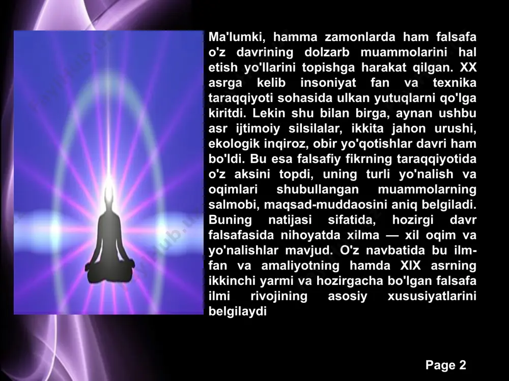 nlari asosida tushuntirishga harakat qilingan bo'lsa, endi bunday tahlil doirasidan chetda qolgan muammolar o'rganila boshlandi. page * bugungi kunga kelib ko'pgina falsafiy oqimlar o'zlarining an'anaviy falsafaga aloqador ekanliklarini hamda ulardan farq qilishlarini ta'kidlash maqsadida, nomlariga «neo», ya'ni yangi, zamonaviylashgan degan ma'noni anglatuvchi qo'shimchani qo'shganlar. masalan, neopozitivizm, neotomizm va boshqalar shular jumlasiga kiradi. fanning jamiyat hayotidagi o'rnini belgilash va unga nisbatan munosabatga qarab, zamonaviy falsafiy ta'limotlarni asosan ikki yo'nalishga ajratish mumkin. ulardan biri — ssientizm (lot scientia — fan) ya'ni fan mavjud barcha ijtimoiy muammolarni hal etishi mumkinligini ilm-fan taraqqiyotining doimiy ijobiyligini asoslovchi falsafiy dunyoqarash. ssientizm boyalari, neopozitivizm, texnologik determinizm kabi ta'limotlarning asosini tashkil etadi. page * ikkinchisi — antissientizm, ya'ni fan taraqqiyoti jamiyat hayotiga salbiy ta'sir ko'rsatishini asoslovchi falsafiy dunyoqarash. bunday dunyoqarash ekzistensializm, frankfurt ijtimoiy-falsafiy maktabi, rim klubining bir qator tarmoqlarini, ba'zi diniy-falsafiy oqimlarning fanga munosabatini ifodalaydi. antissientizm ilm-fan taraqqiyotining natijalarini nazorat ostiga olish, bu masalada jamiyat hayotini xavf ostiga …