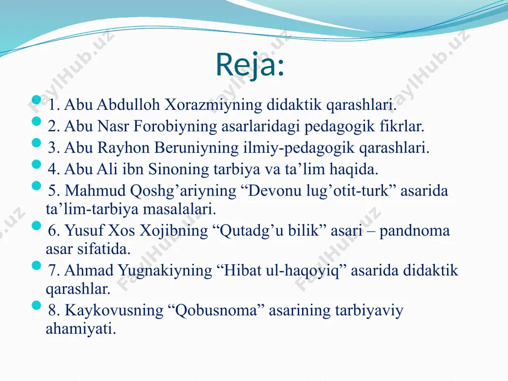 ashlari abu nasr forobiyning asarlaridagi pedagogik fikrlar abu nasrforobiy (873-950) asarlari: «baxt-saodatga erishuv to’g’risida», «fozil odamlar shahri», «aql ma’nolari haqida», «shaharni o’rganish haqida» va boshqalar. pedagogik qarashlari: forobiy birinchi bo’lib ta’lim va tarbiyaga ta’rif bergan olimdir: ta’lim – so’z va o’rganish bilangina amalga oshiriladi. tarbiya – esa amaliyot, ish-tajriba bilan amalga oshiriladi. ta’lim-tarbiya ikki yo’l bilan amalga oshiriladi: qanoatbaxsh, ilxomlantiruvchi so’zlar va majbur etish. har kimki ilm, hikmatni desa, uni yoshligidan boshlasin, so’zining ustidan chiqsin, yomon ishlardan saqlanadigan bo’lsin, hiyonat, makr va hiylalardan uzoq bo’lsin, diyonatli bo’lsin, ilm va ahli ilmdan mol-dunyosini ayamasin. inson yaxshi tarbiya ko’rmagan va turmushda yaxshi tajriba orttirmagan bo’lsa, u ko’p narsalarni nazarga ilmay va ulardan jirkanadi. bunday narsalar unga noo’rin bo’lib ko’ringan narsalar zaruriy bo’lib chiqadi. abu nasr forobiyning asarlaridagi pedagogik fikrlar abu rayhon beruniyning ilmiy-pedagogik qarashlari abu rayhon beruniy (973-1048) asarlari: «minerologiya», «geodeziya», «hindiston», «qadimgi xalqlardan qolgan yodgorliklar», «saydana» va boshqalar. ilmiy-pedagogik qarashlari: beruniy …